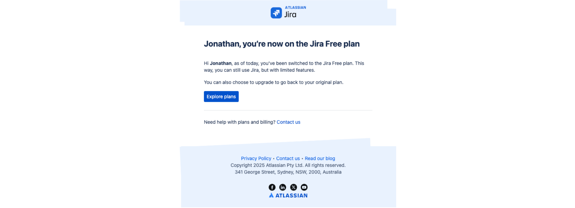 Last chance to keep your plan! — email screenshot from Jira