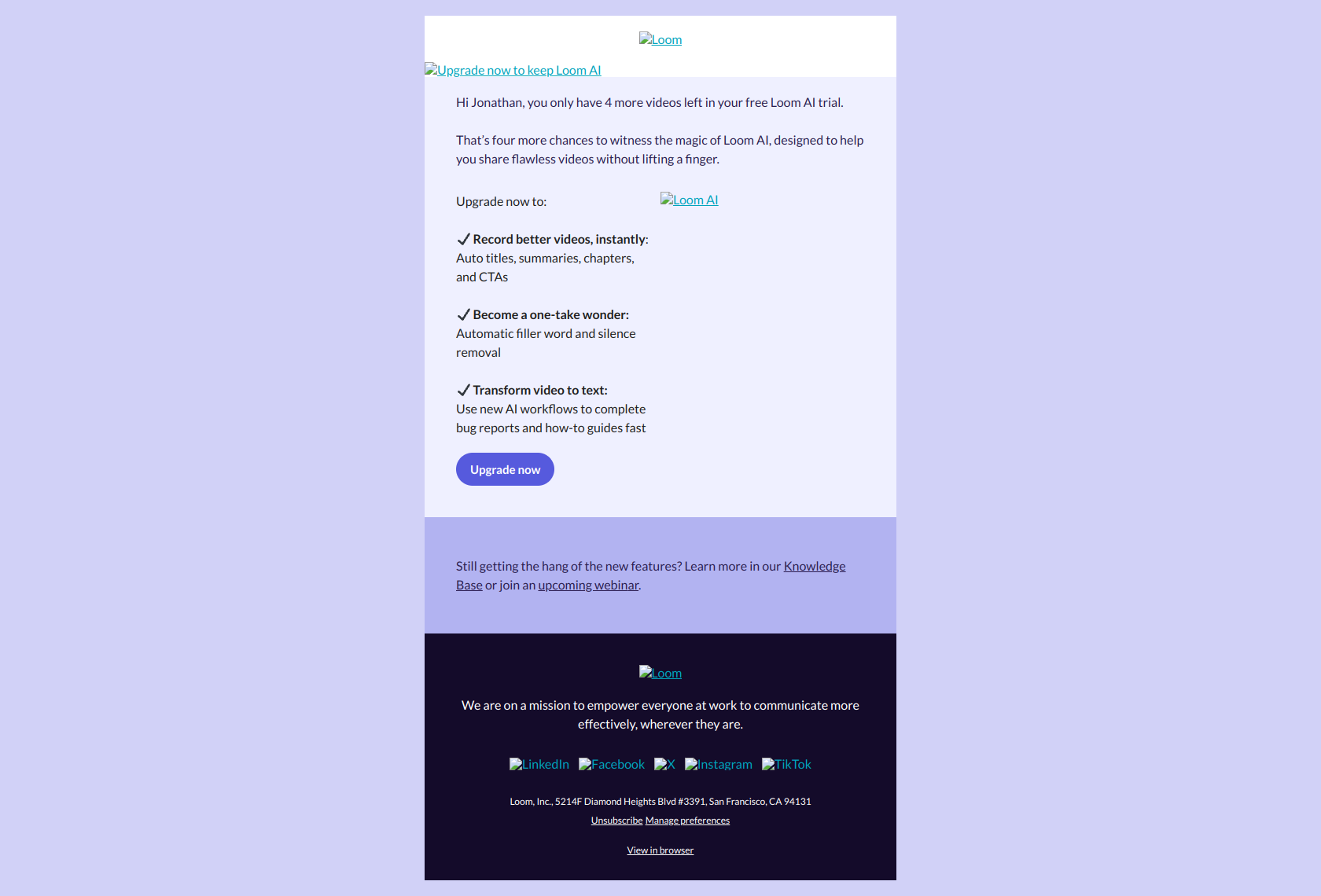 Jonathan, did you notice the magic of Loom AI in your last video? ✨ — email screenshot from Loom