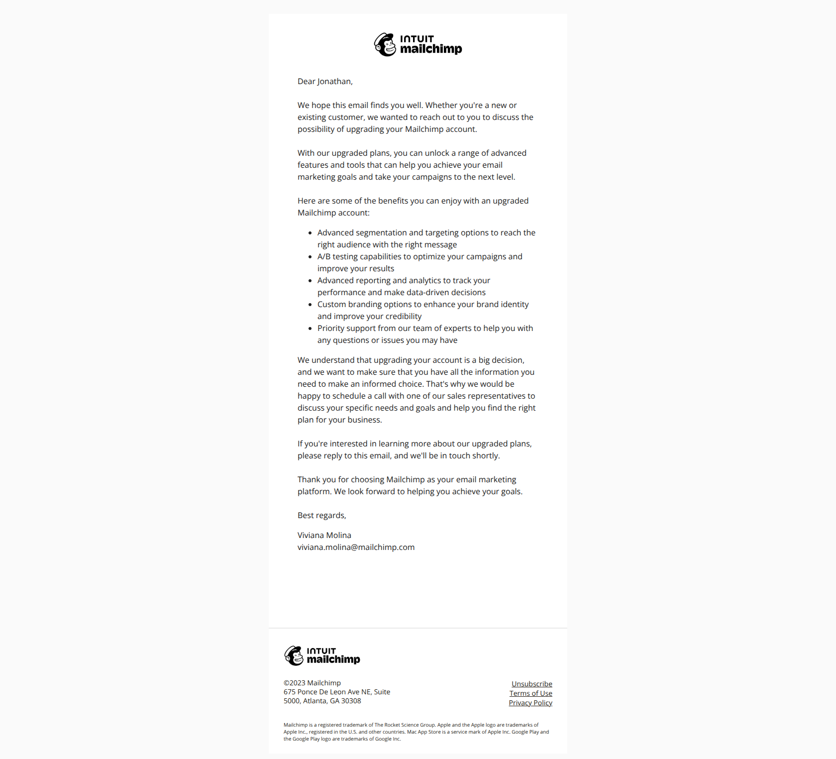 Upgrade your Mailchimp account and take your email marketing to the next level — email screenshot from MailChimp
