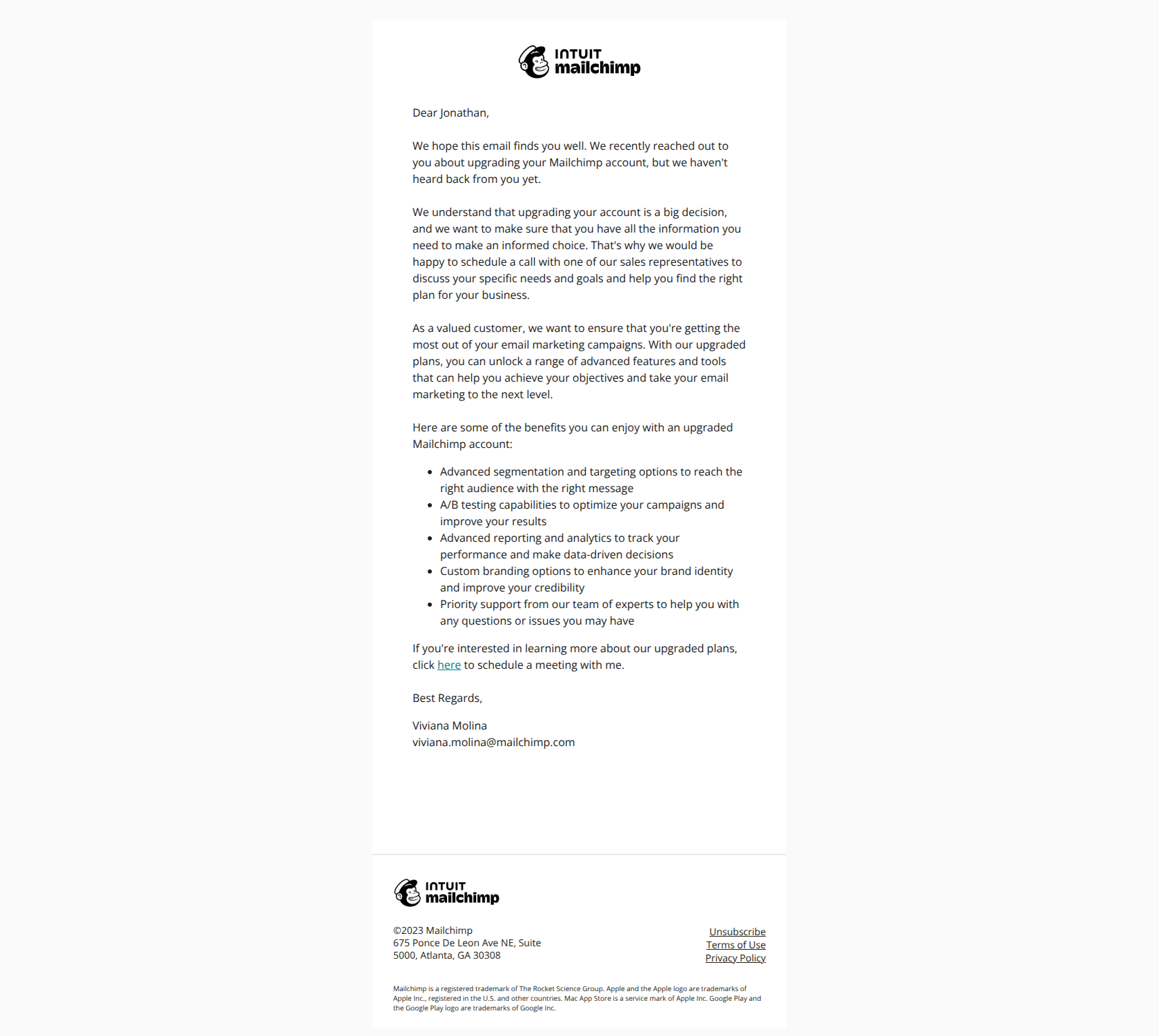Reminder: Upgrade your Mailchimp account today — email screenshot from MailChimp