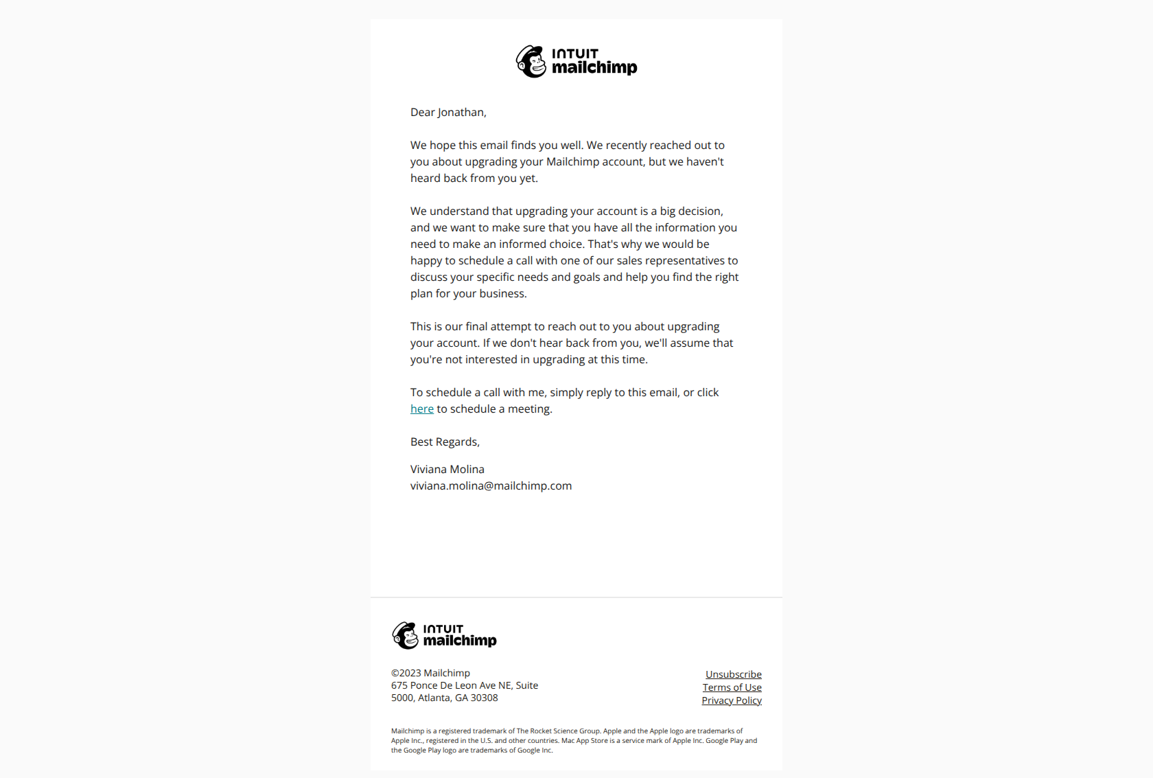 Upgrade your Mailchimp account today — email screenshot from MailChimp