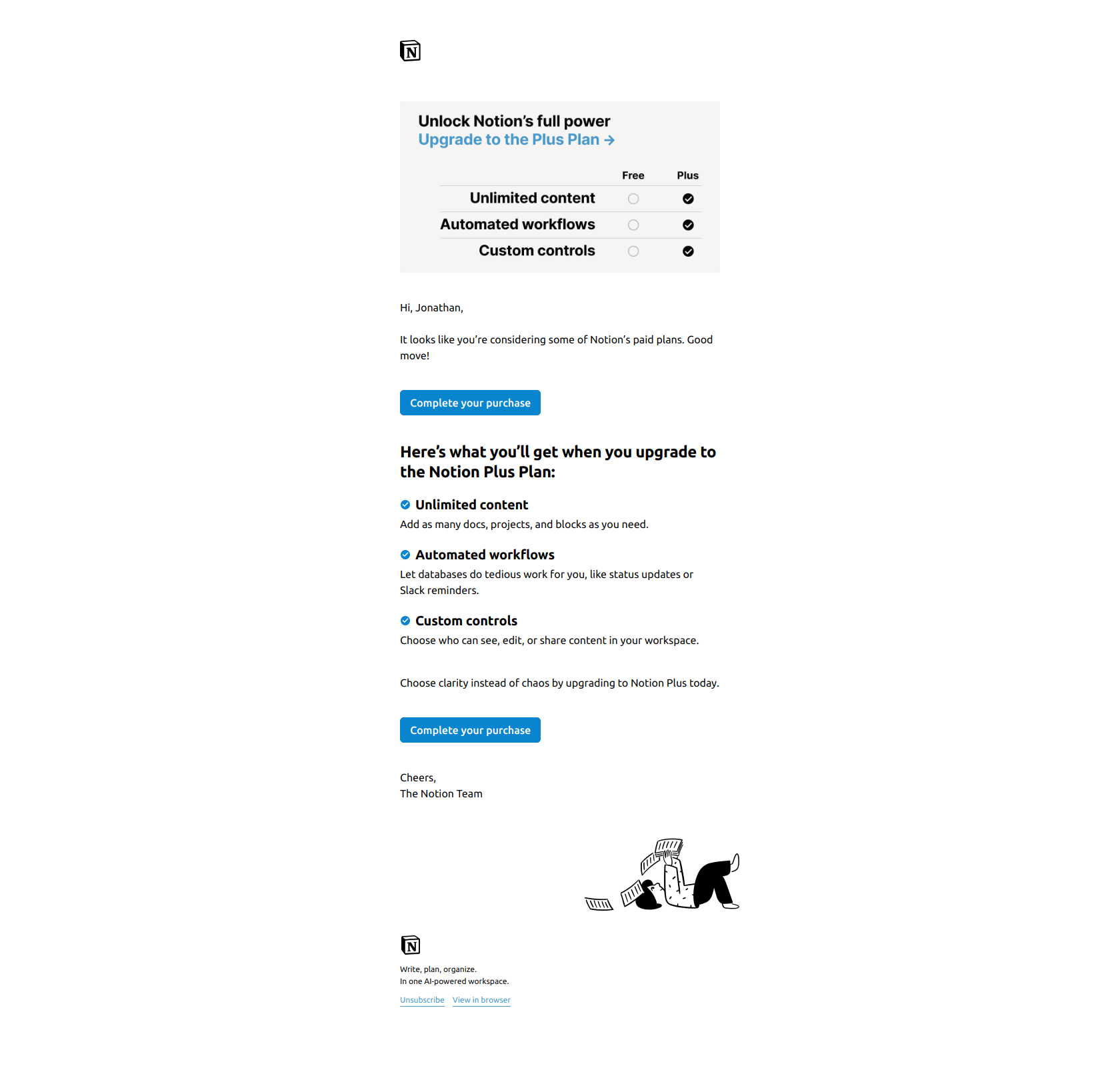 Finalize your Notion Plus upgrade — email screenshot from Notion