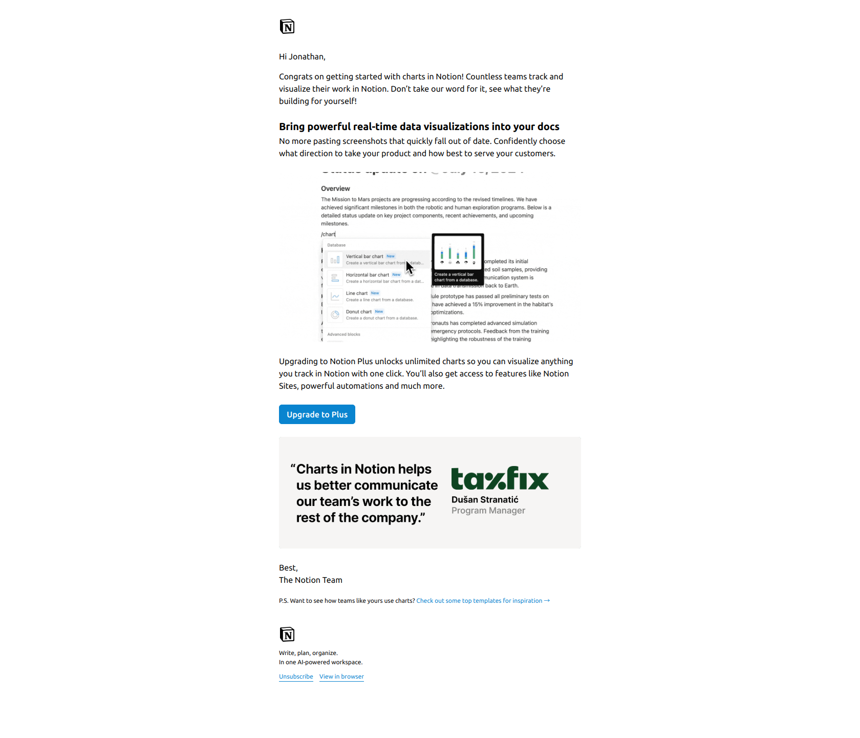 Visualize your Notion data for insight and impact — email screenshot from Notion