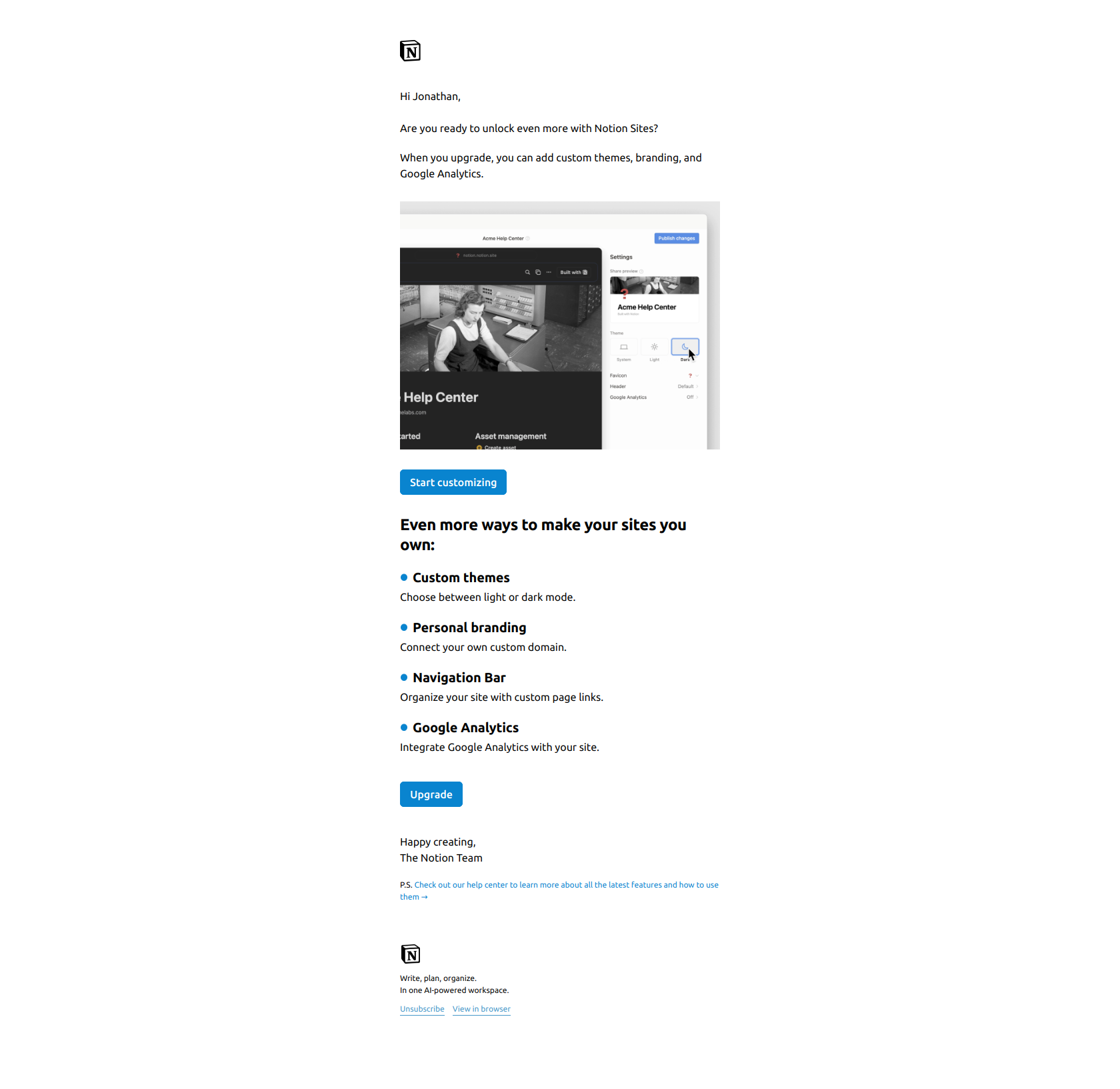 Custom domains and branding for your Notion Sites — email screenshot from Notion