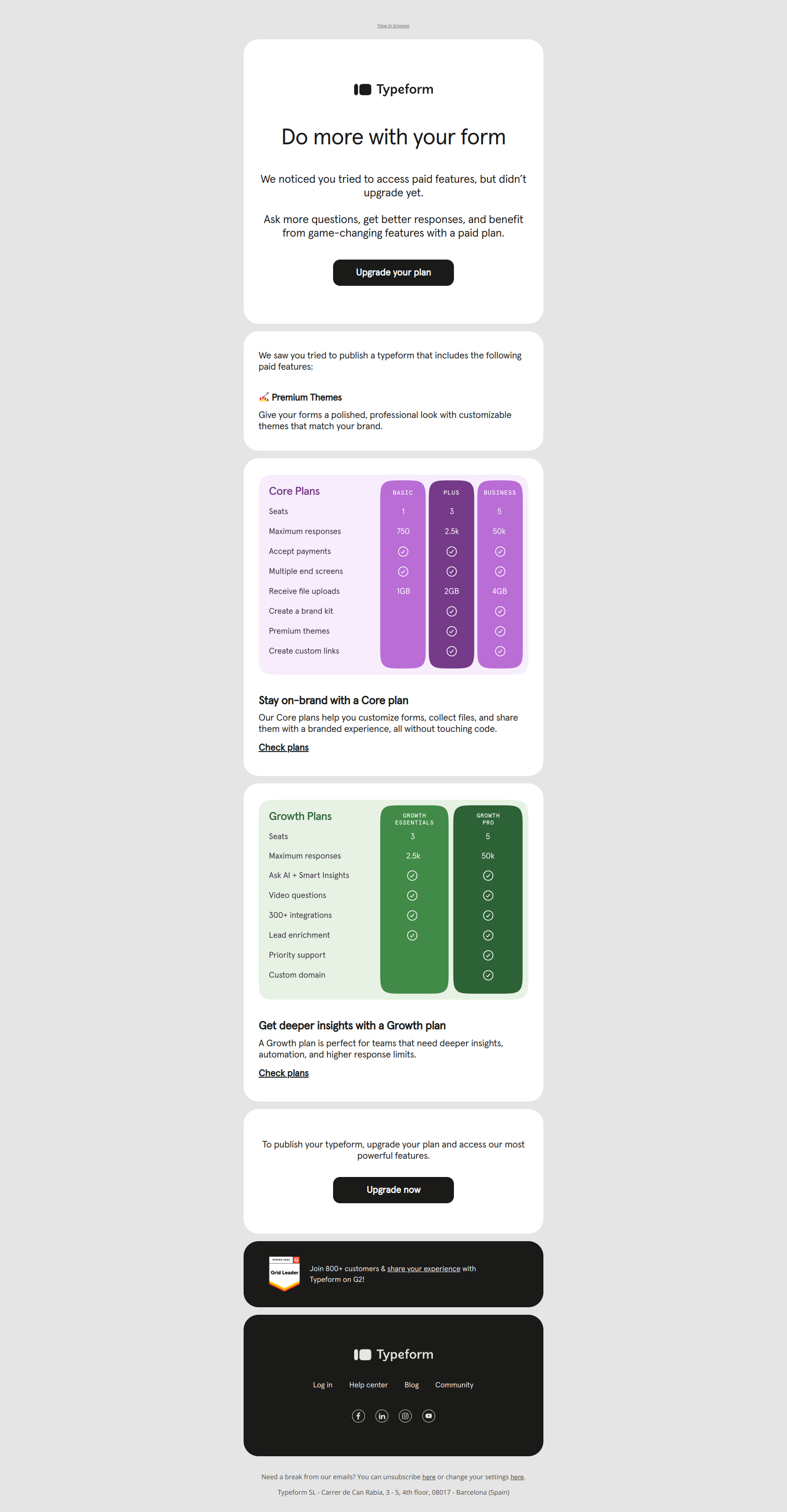 Need to use Premium themes? Try this paid plan ✨ — email screenshot from Typeform