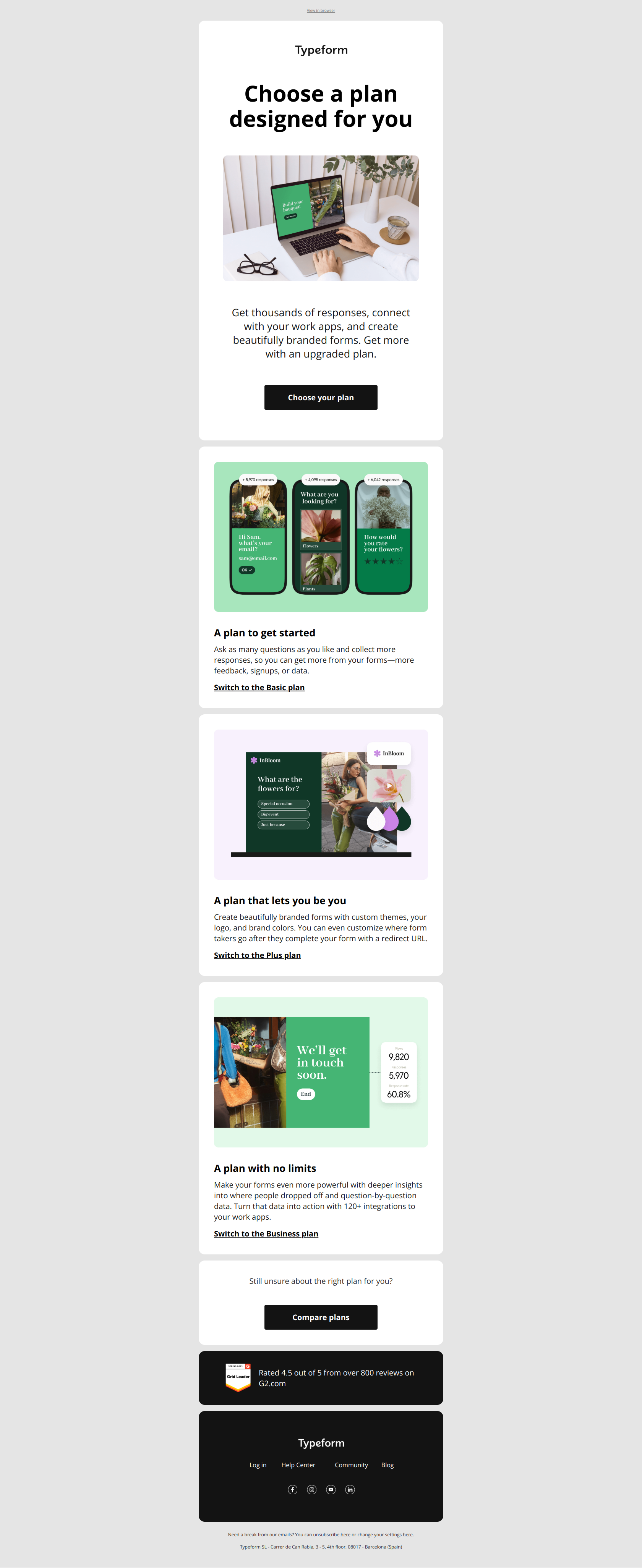 Thousands of responses and valuable data? Choose the plan that’s right for you — email screenshot from Typeform