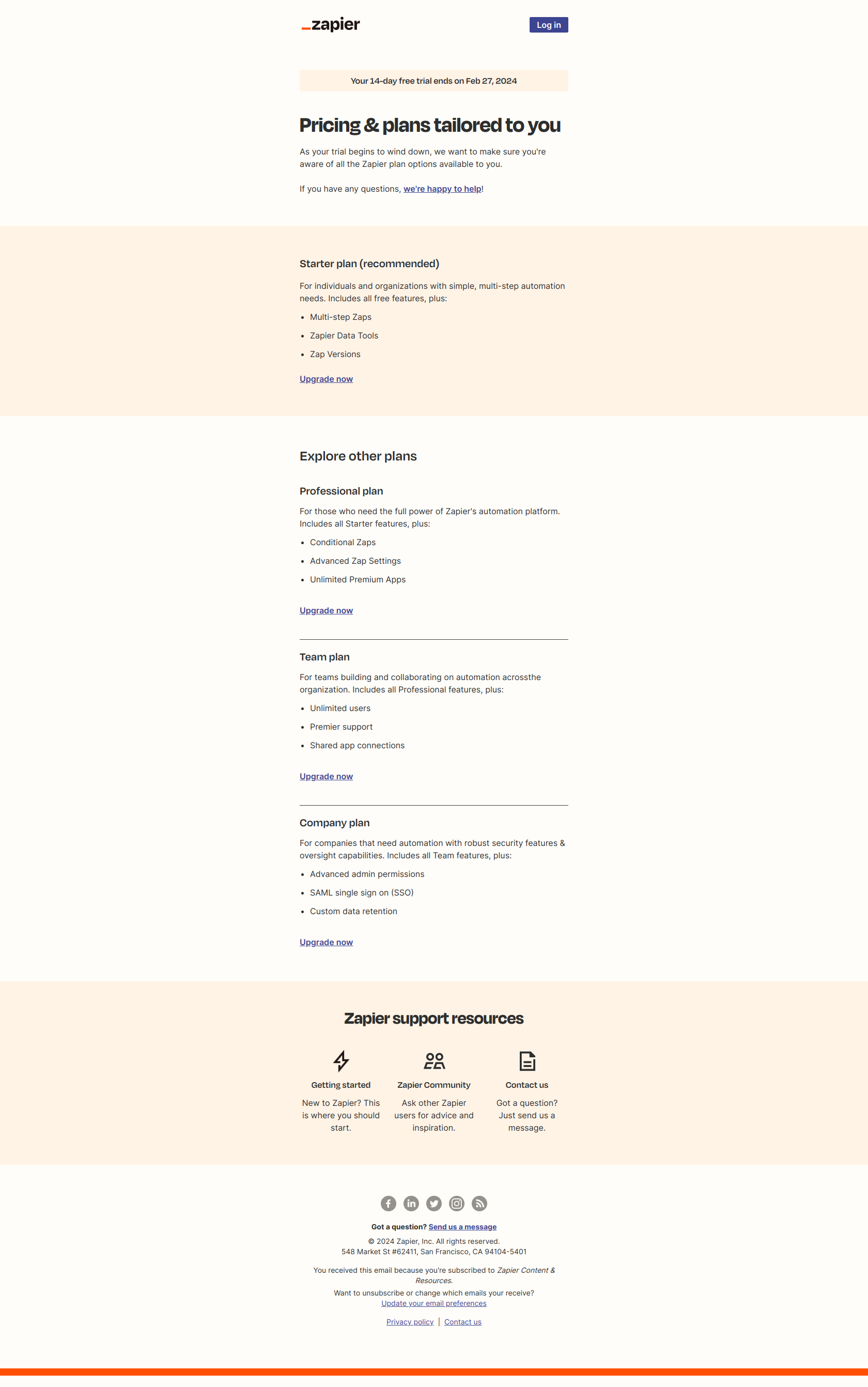 Which plan is right for you? — email screenshot from Zapier