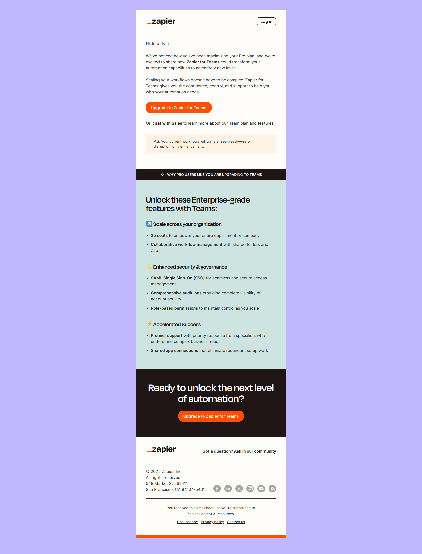 Get more with Zapier for Teams — email screenshot from Zapier