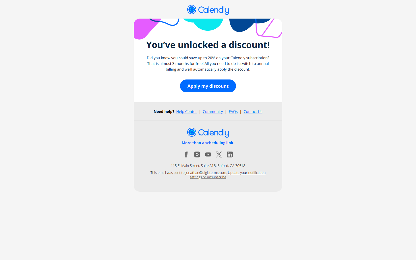 You’ve unlocked a 20% Calendly discount — email screenshot from Calendly