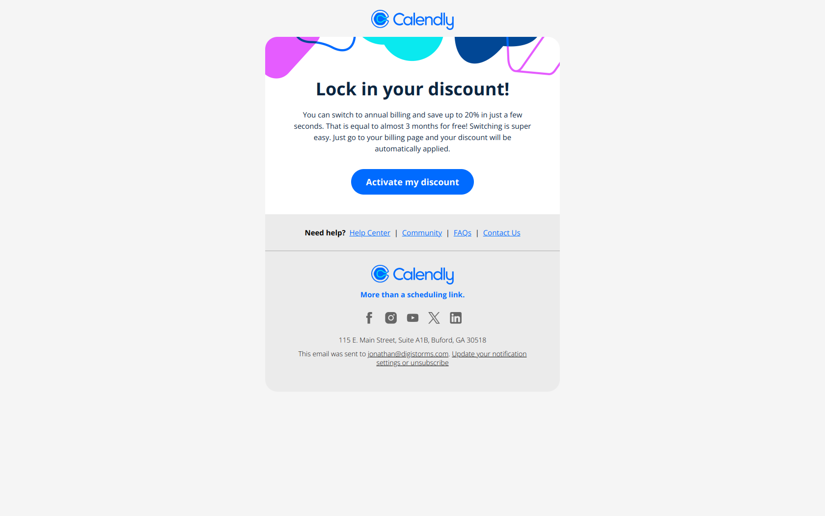 RE: You’ve unlocked a 20% Calendly discount — email screenshot from Calendly