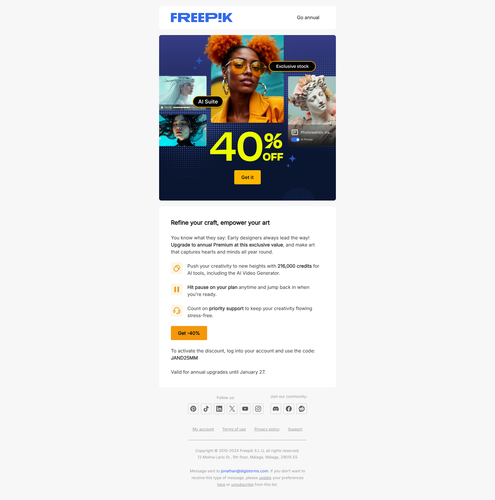 -40% on annual Premium plans? Get it before it’s gone! — email screenshot from Freepik