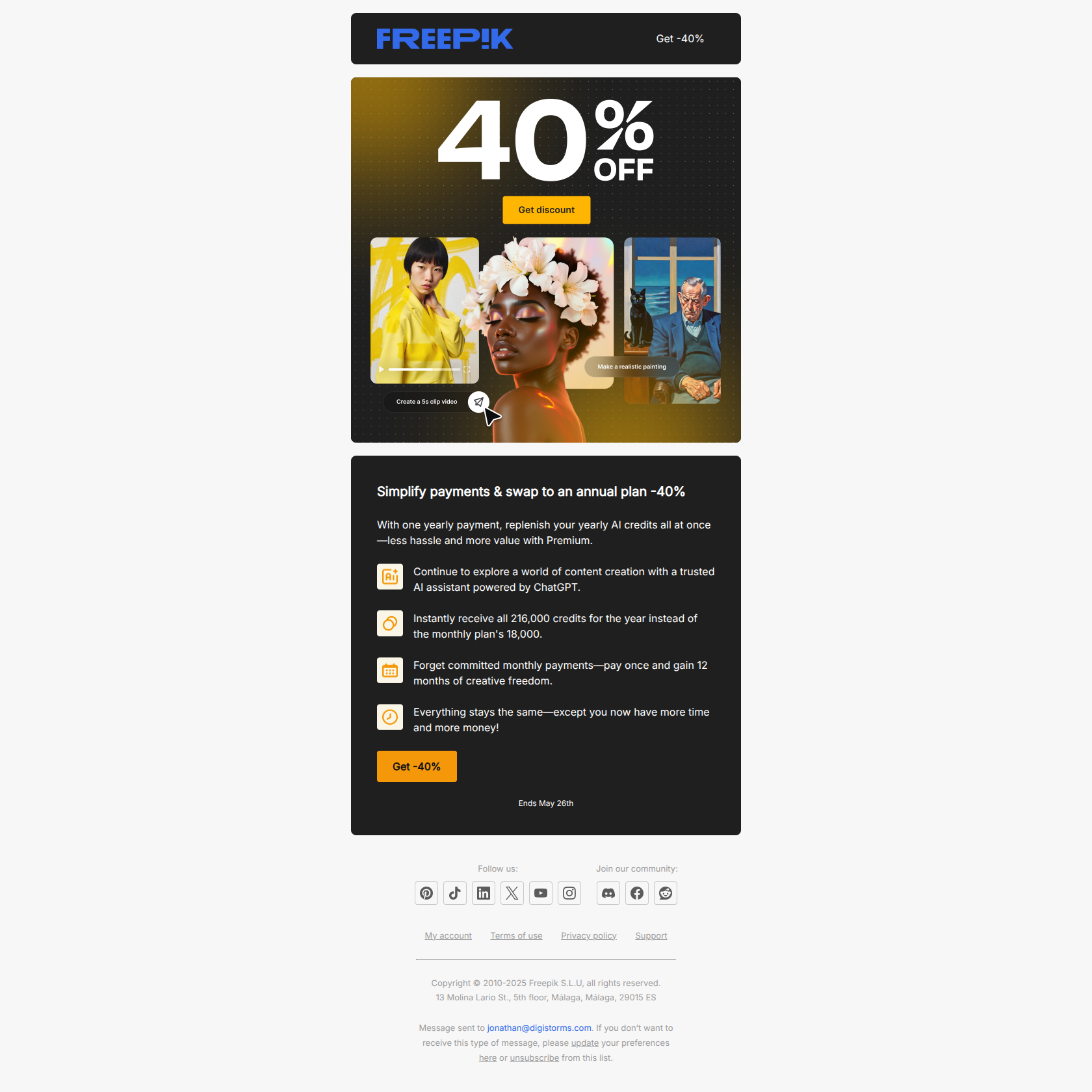 -40% on annual plans—why pay monthly? — email screenshot from Freepik