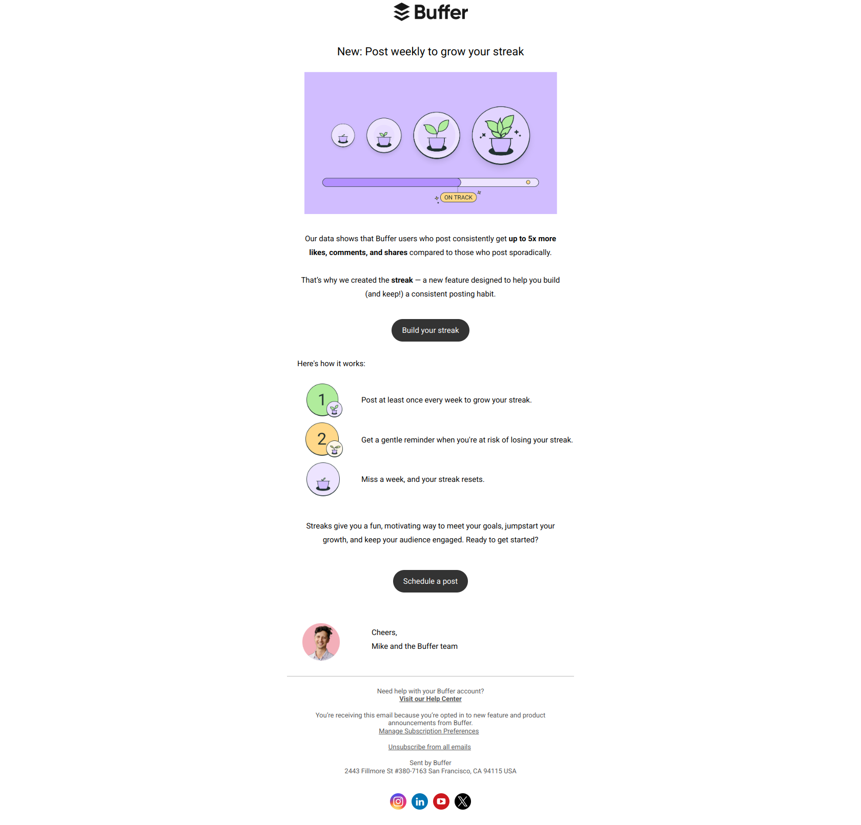 Introducing: Streaks 🌱 — email screenshot from Buffer