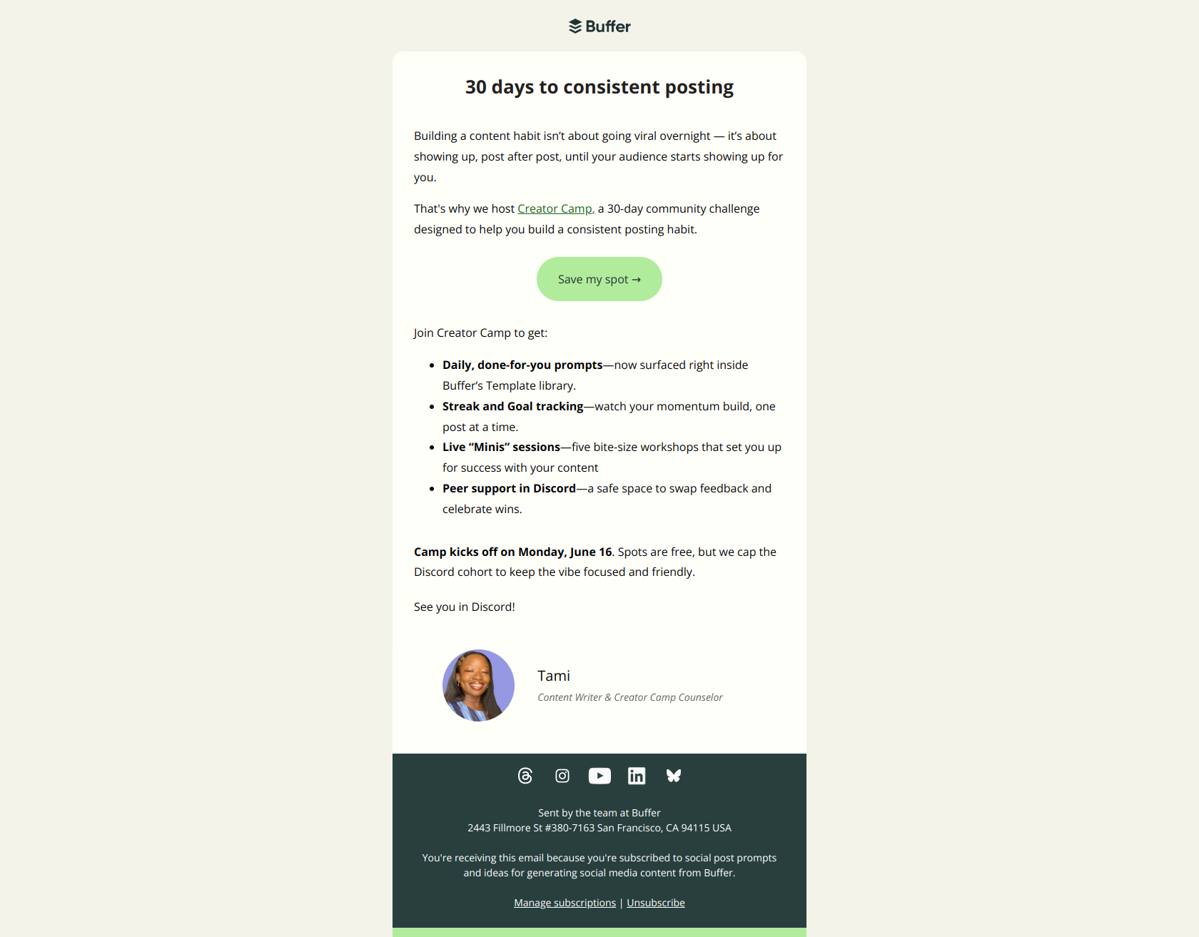 ✨ You’re invited to Creator Camp — email screenshot from Buffer