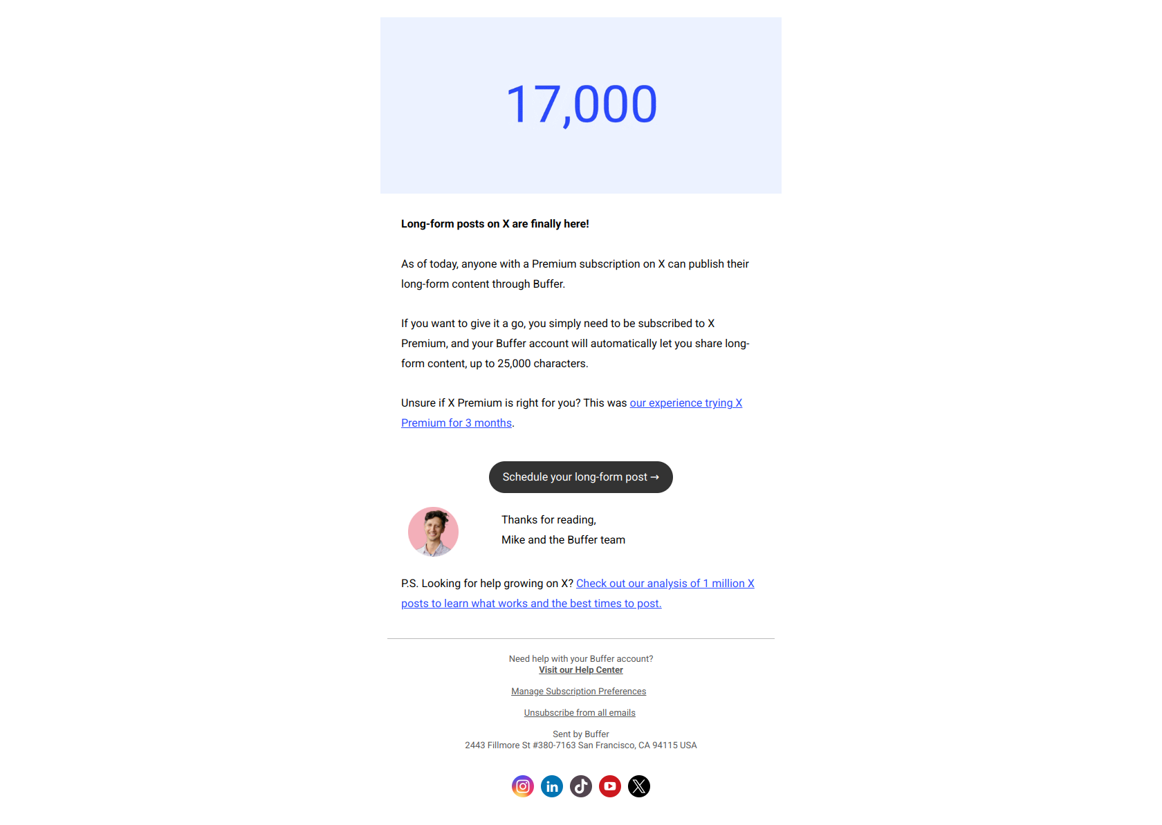 From 280 to 25,000: Say hello to long-form X posts — email screenshot from Buffer