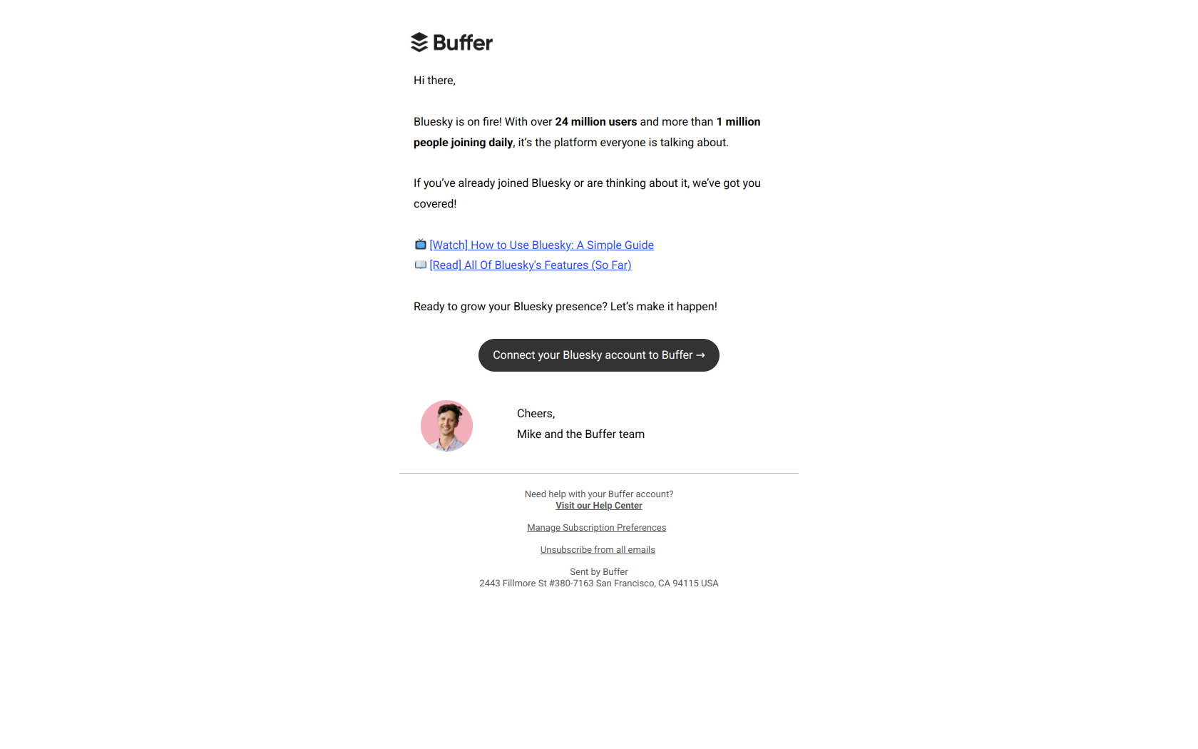 Bluesky is taking off! 🚀 — email screenshot from Buffer