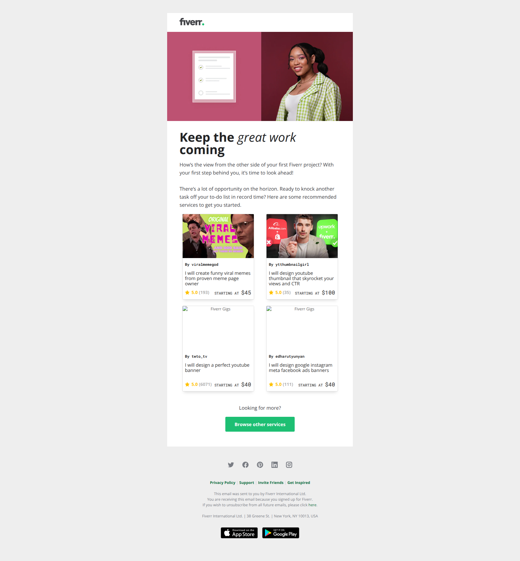 Project one is done! — email screenshot from Fiverr