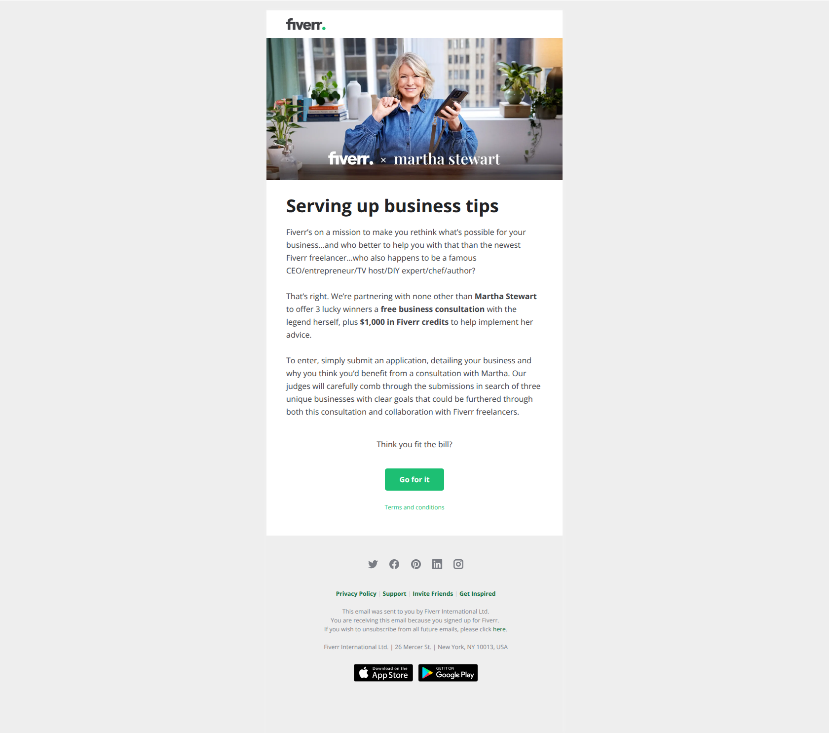 Want a 1x1 with Martha Stewart? — email screenshot from Fiverr