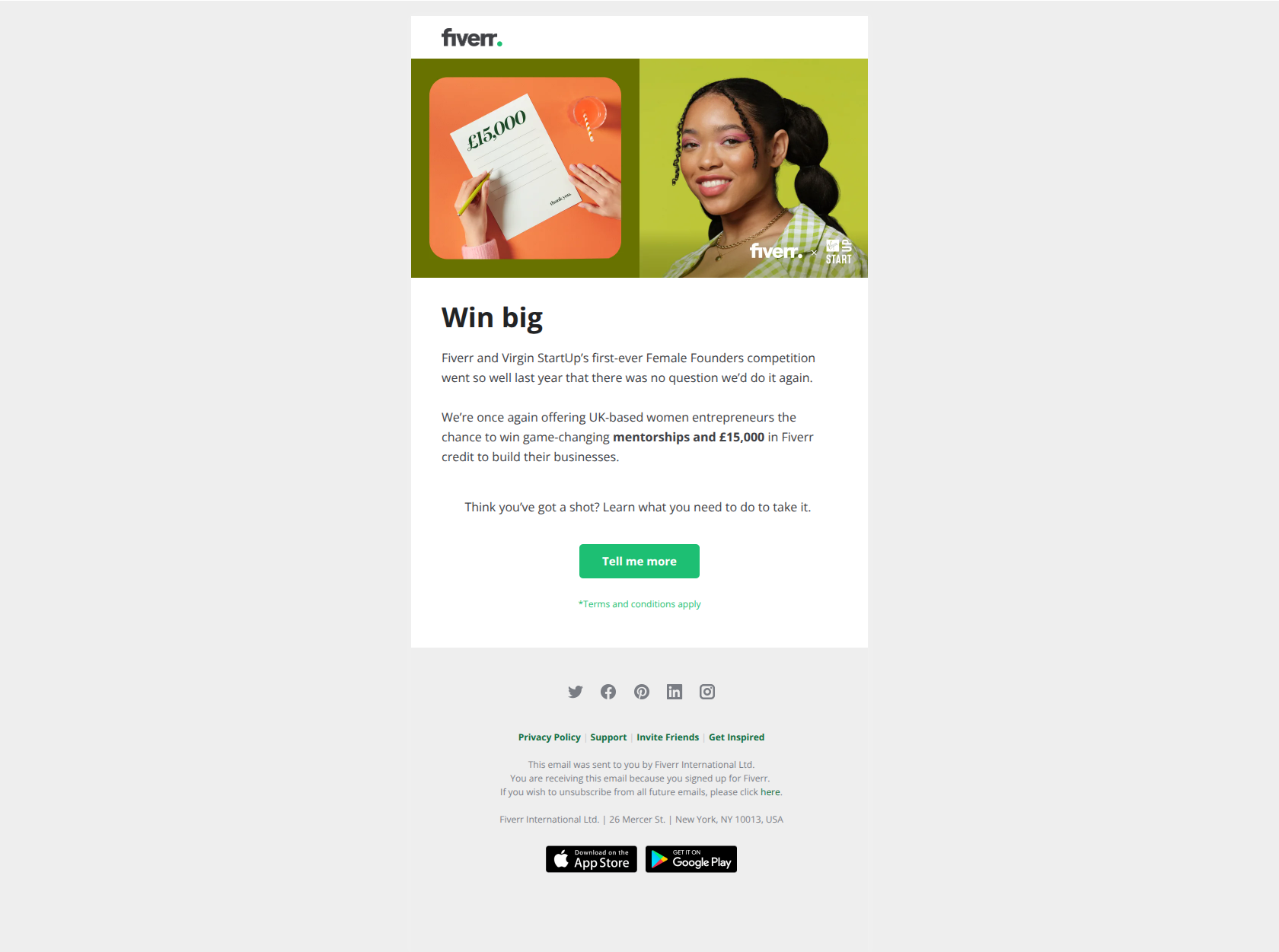 Are you a female founder? You can win £15,000 to spend on Fiverr — email screenshot from Fiverr