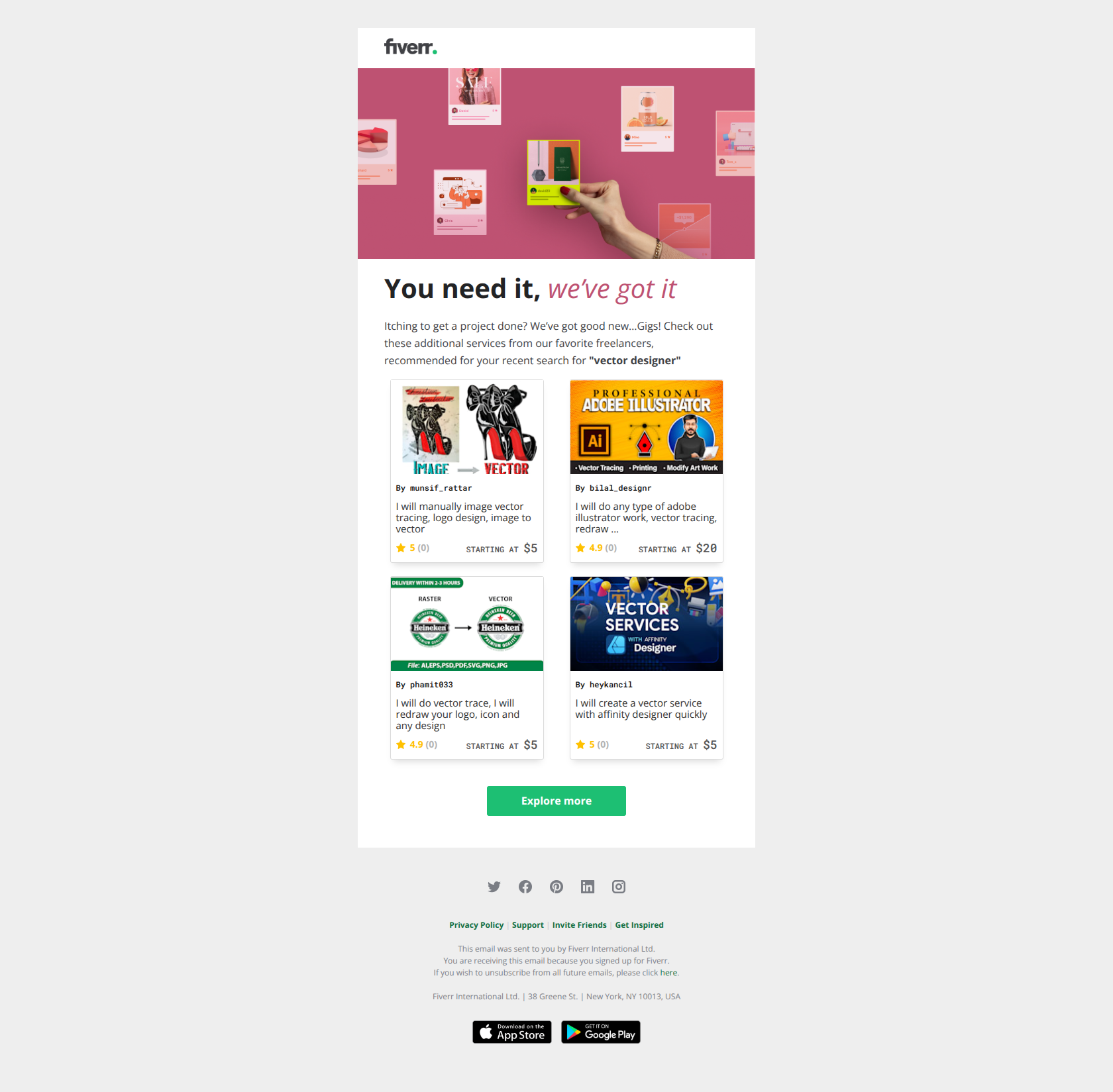 Looking for "vector designer"? — email screenshot from Fiverr