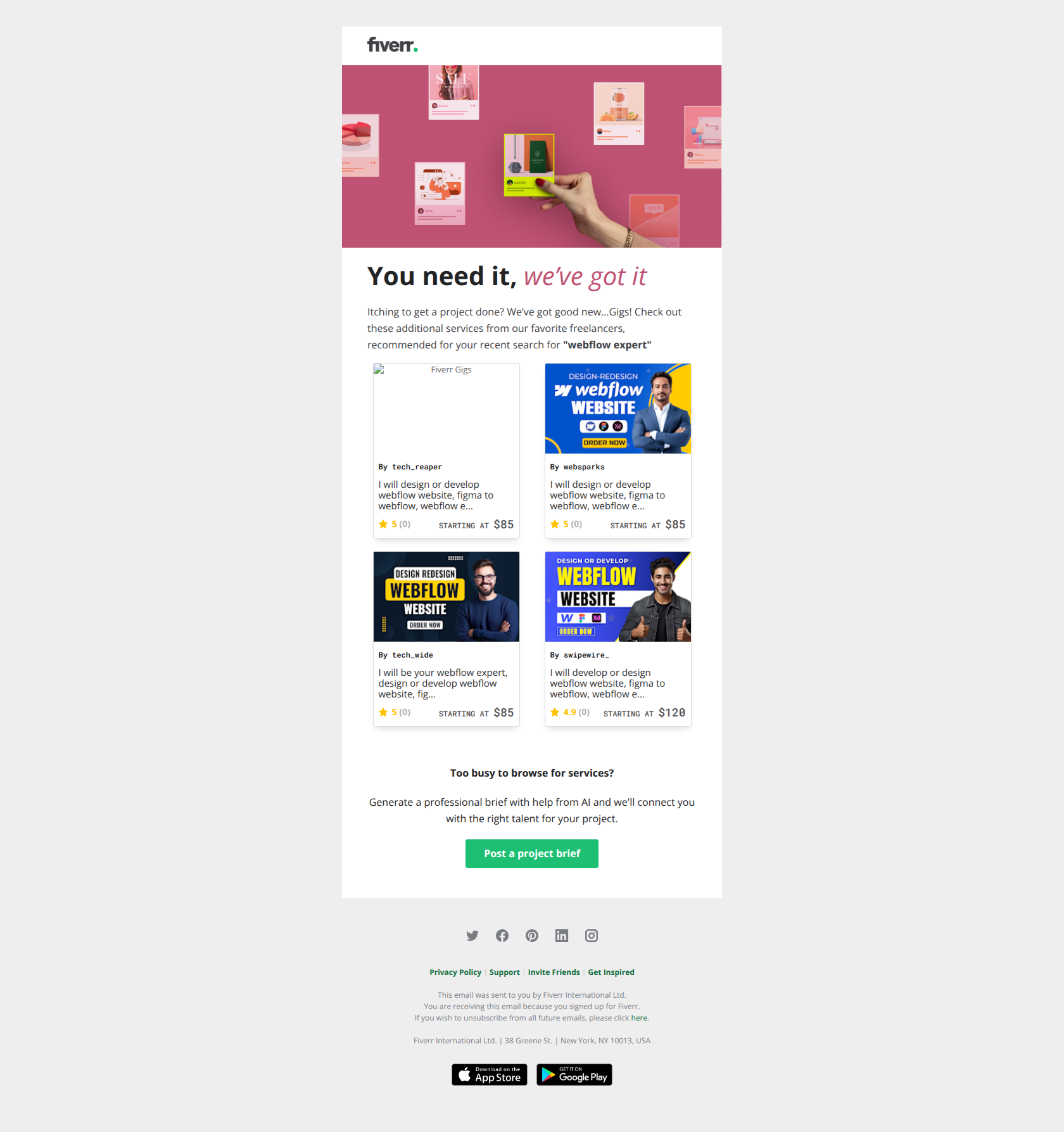 Looking for "webflow expert"? — email screenshot from Fiverr