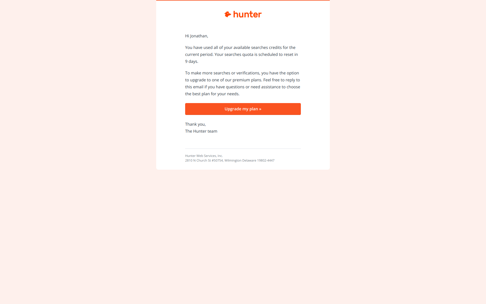 You reached your Hunter quota — email screenshot from Hunter.io