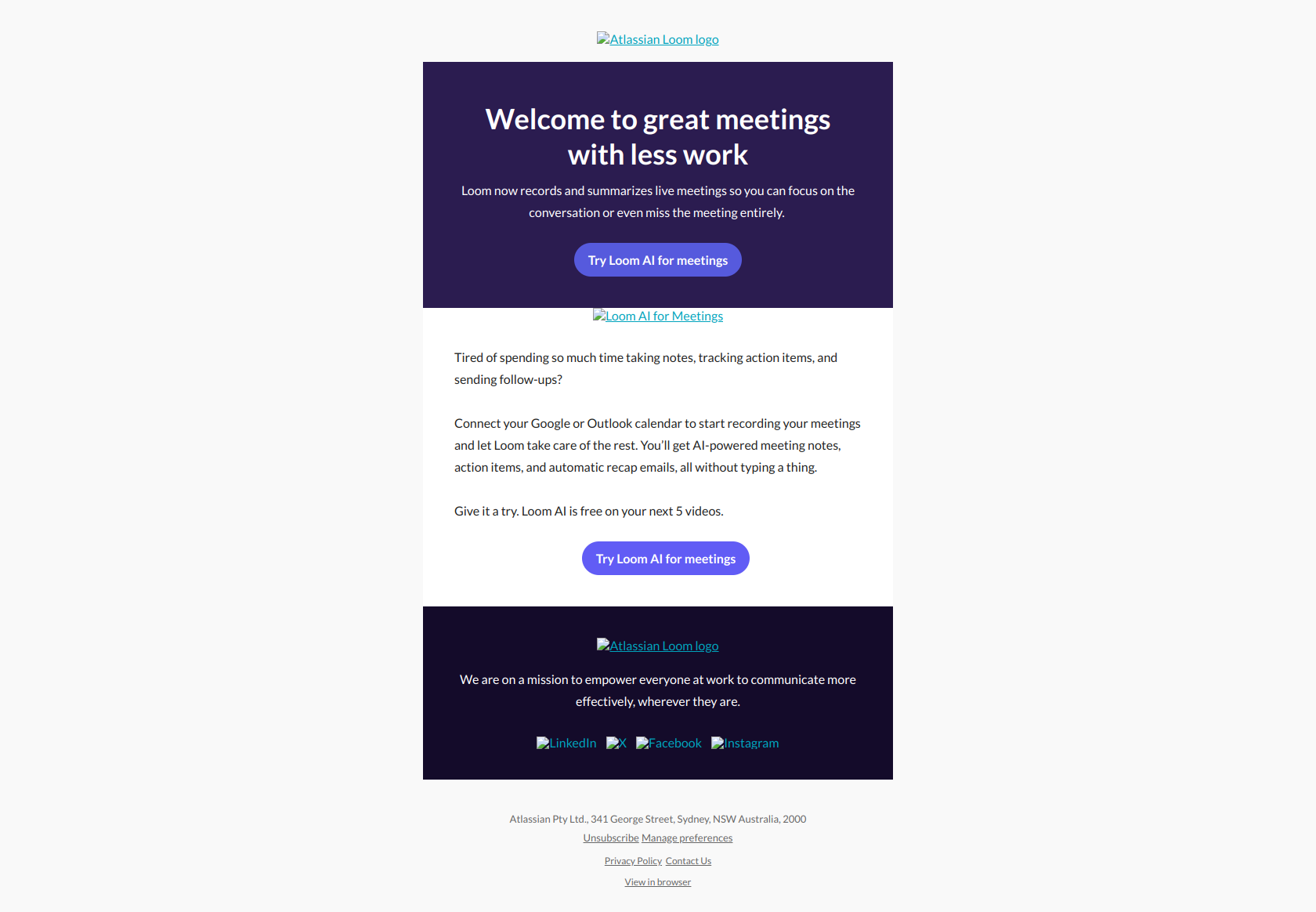 Let Loom take your meeting notes — email screenshot from Loom