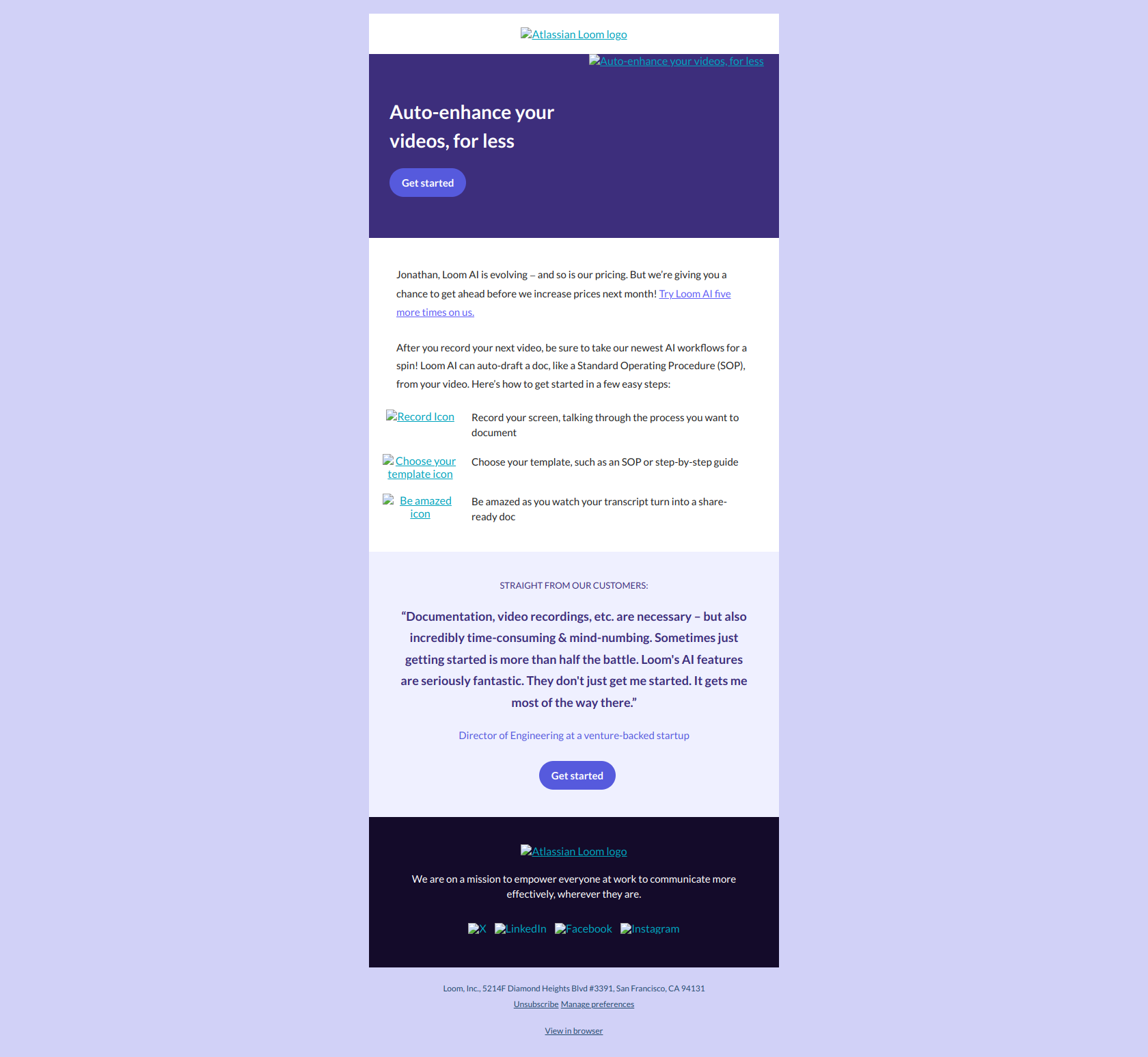 Try Loom AI – before prices take off! 🚀 — email screenshot from Loom