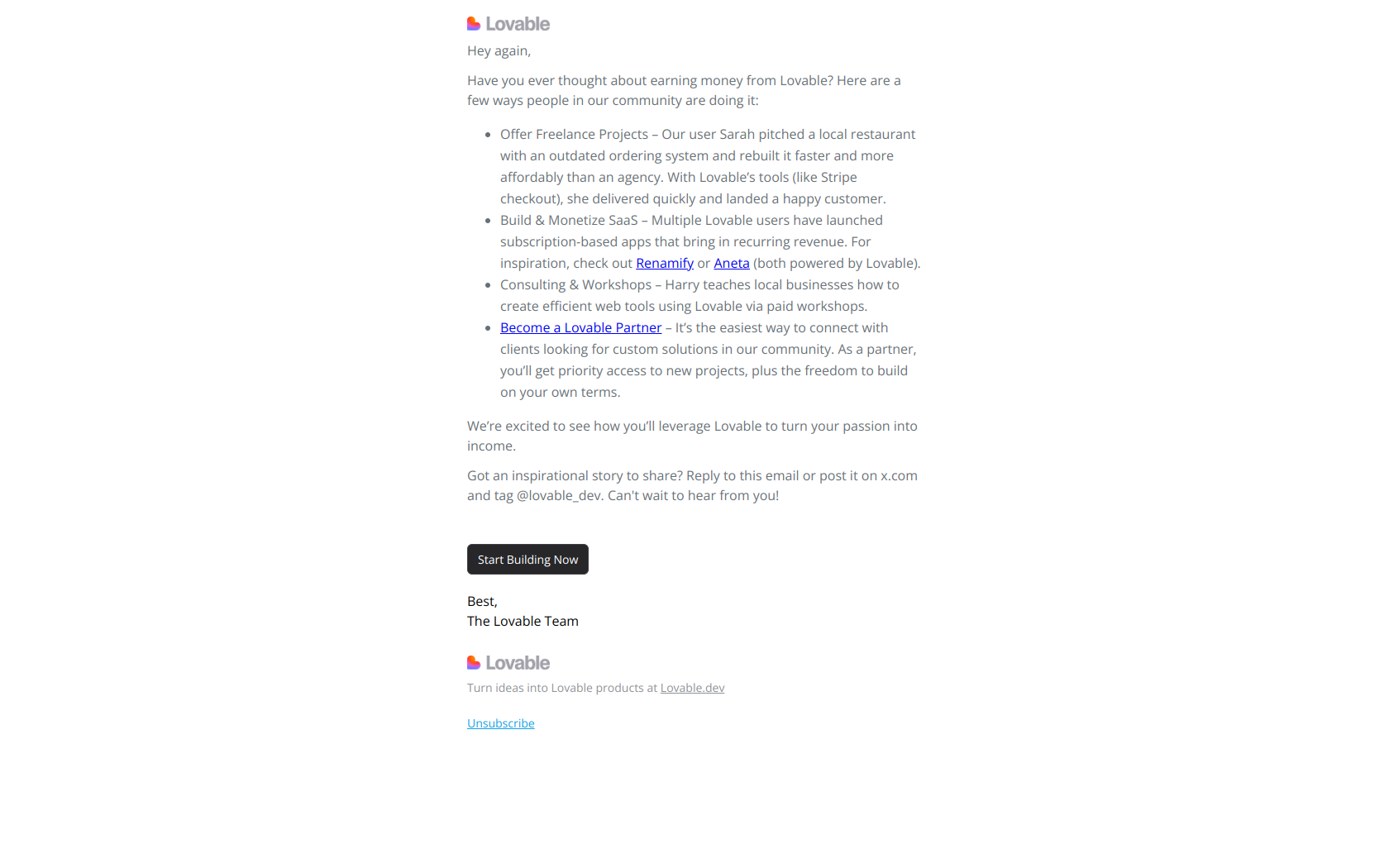 How Lovable users make money with Lovable — email screenshot from Lovable