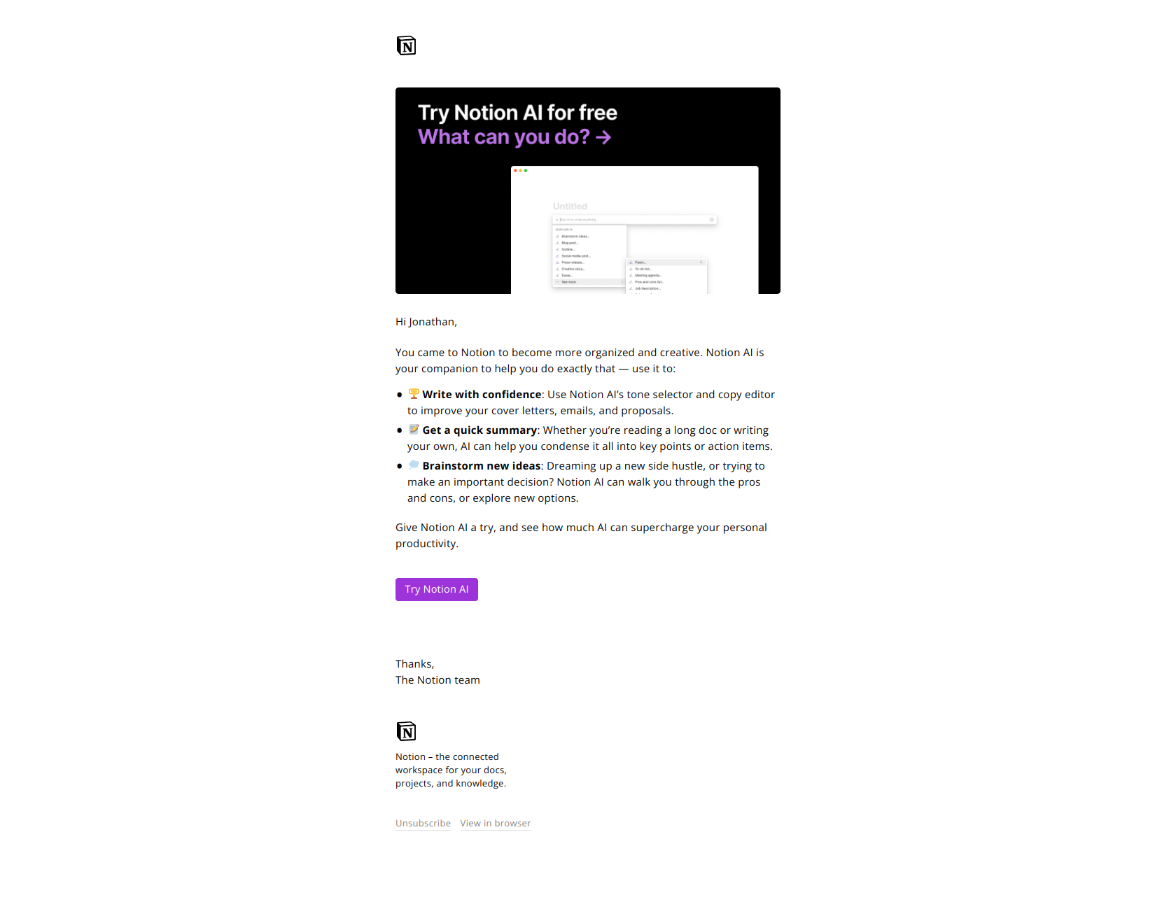 Try Notion AI for free — email screenshot from Notion