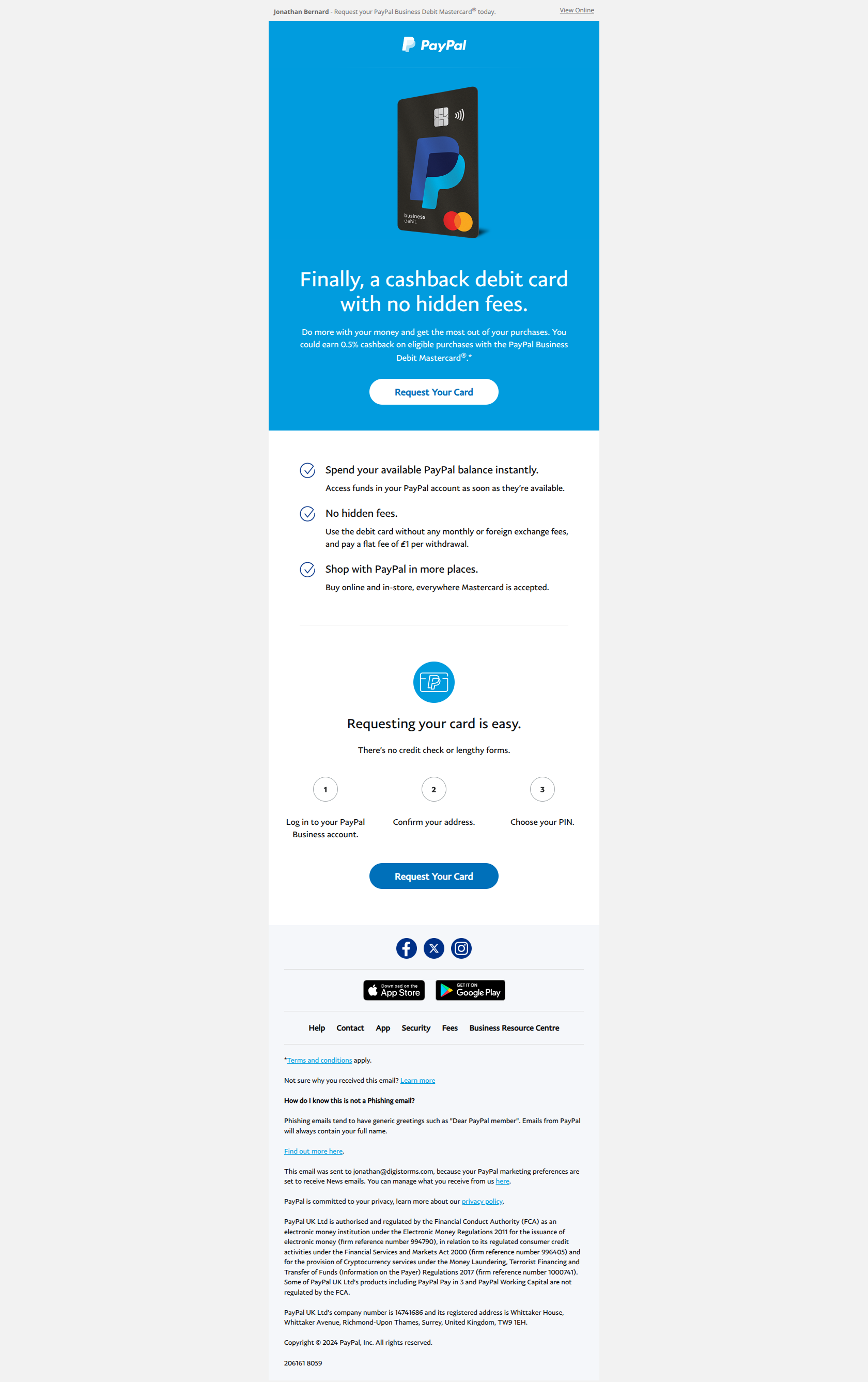Start earning 0.5% cashback on eligible purchases* — email screenshot from Paypal
