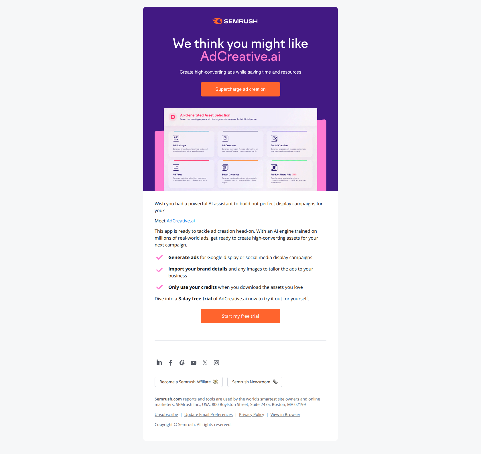 Try the AdCreative.ai app — email screenshot from SemRush