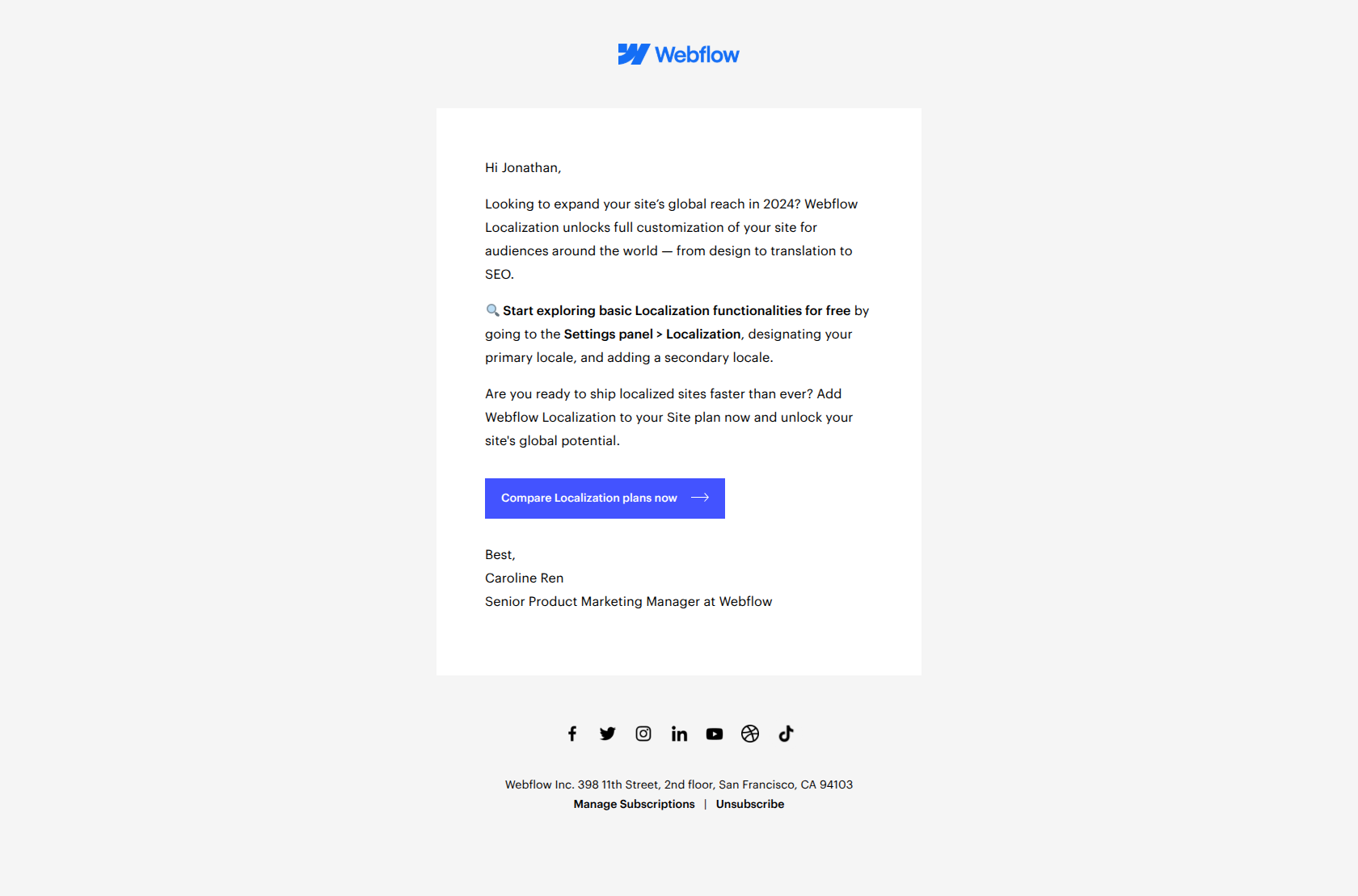 New year, new opportunities to go global — email screenshot from Webflow
