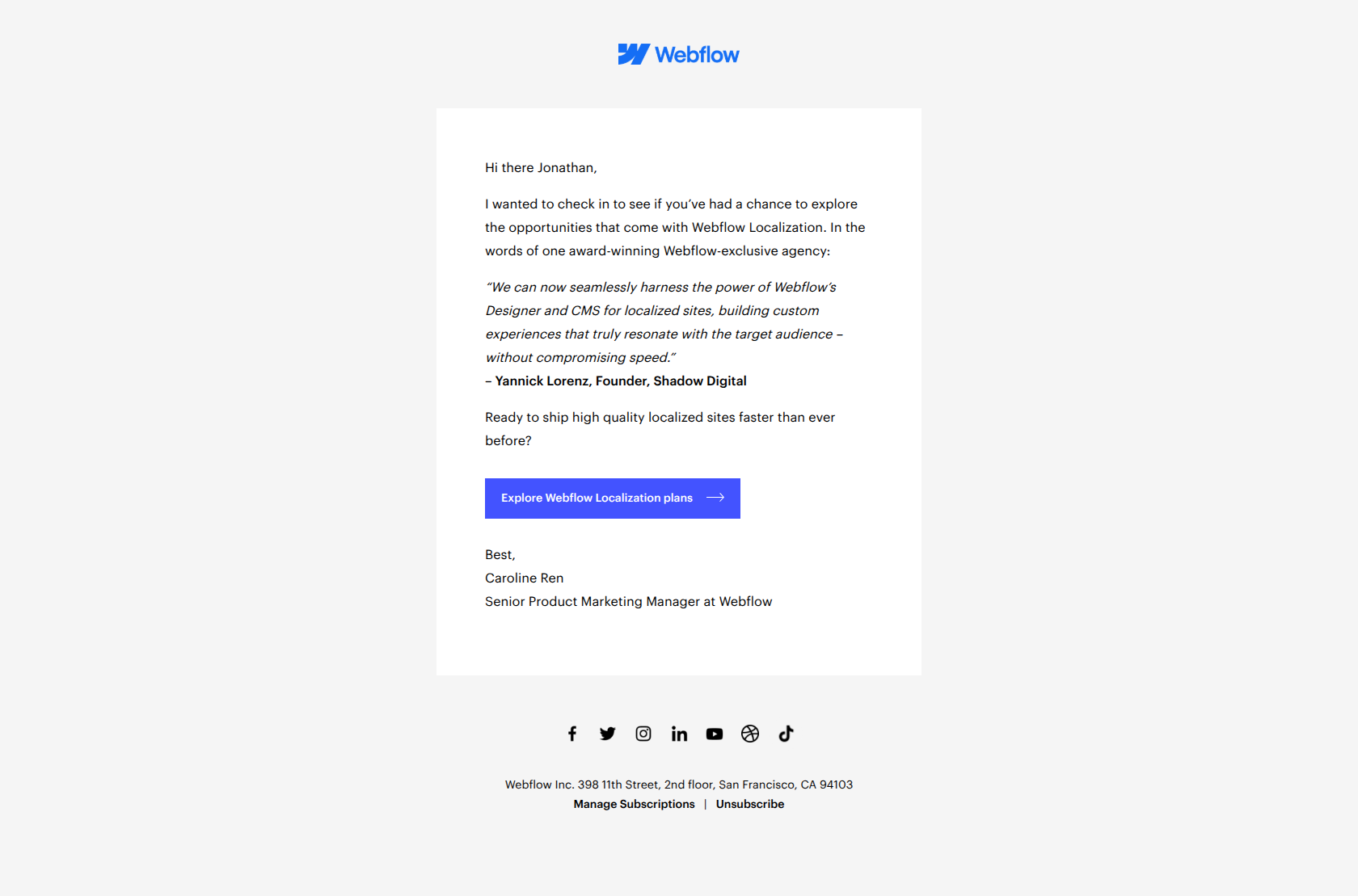 Build localized sites that maximize engagement — email screenshot from Webflow