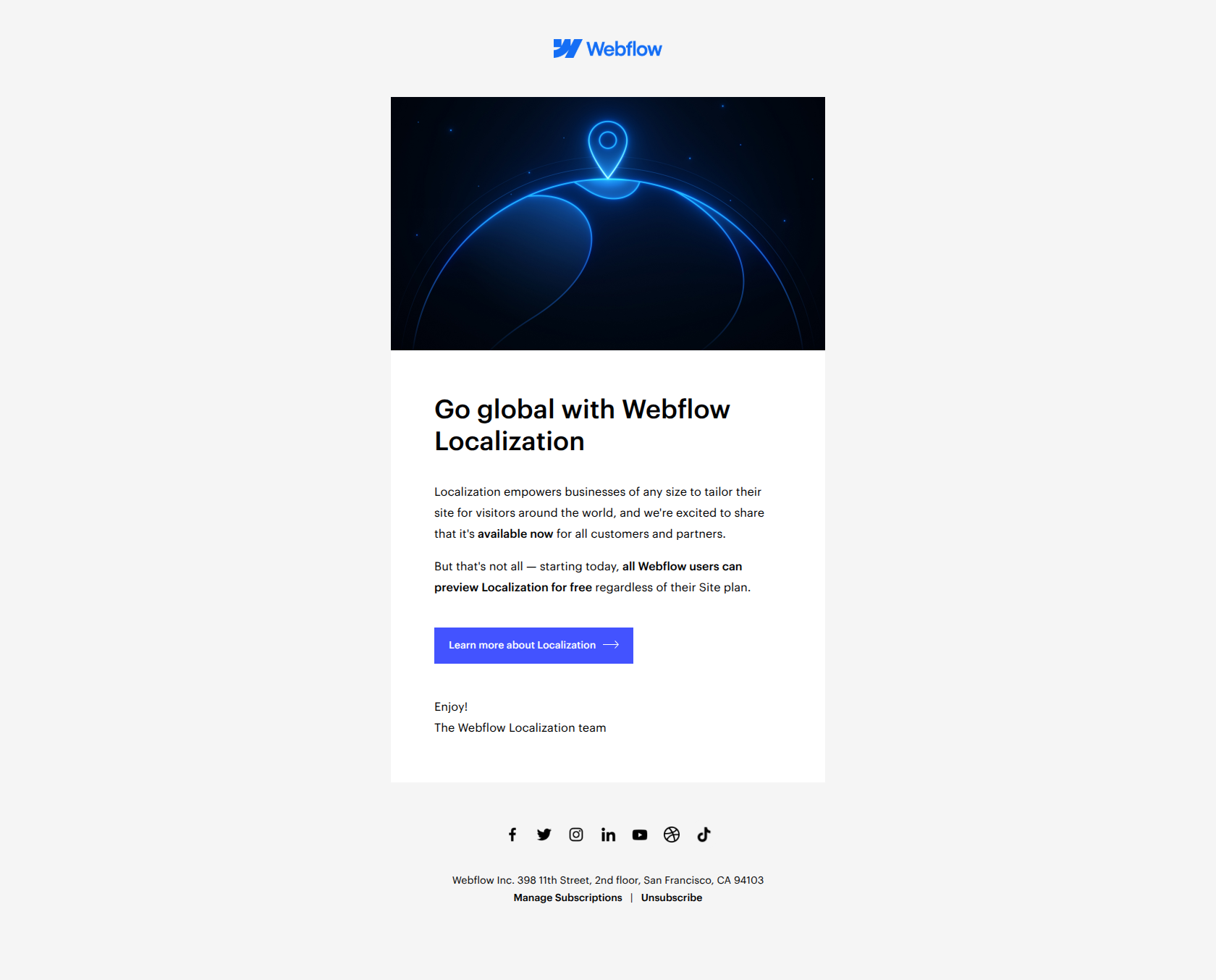 Take your business worldwide with Webflow Localization — email screenshot from Webflow