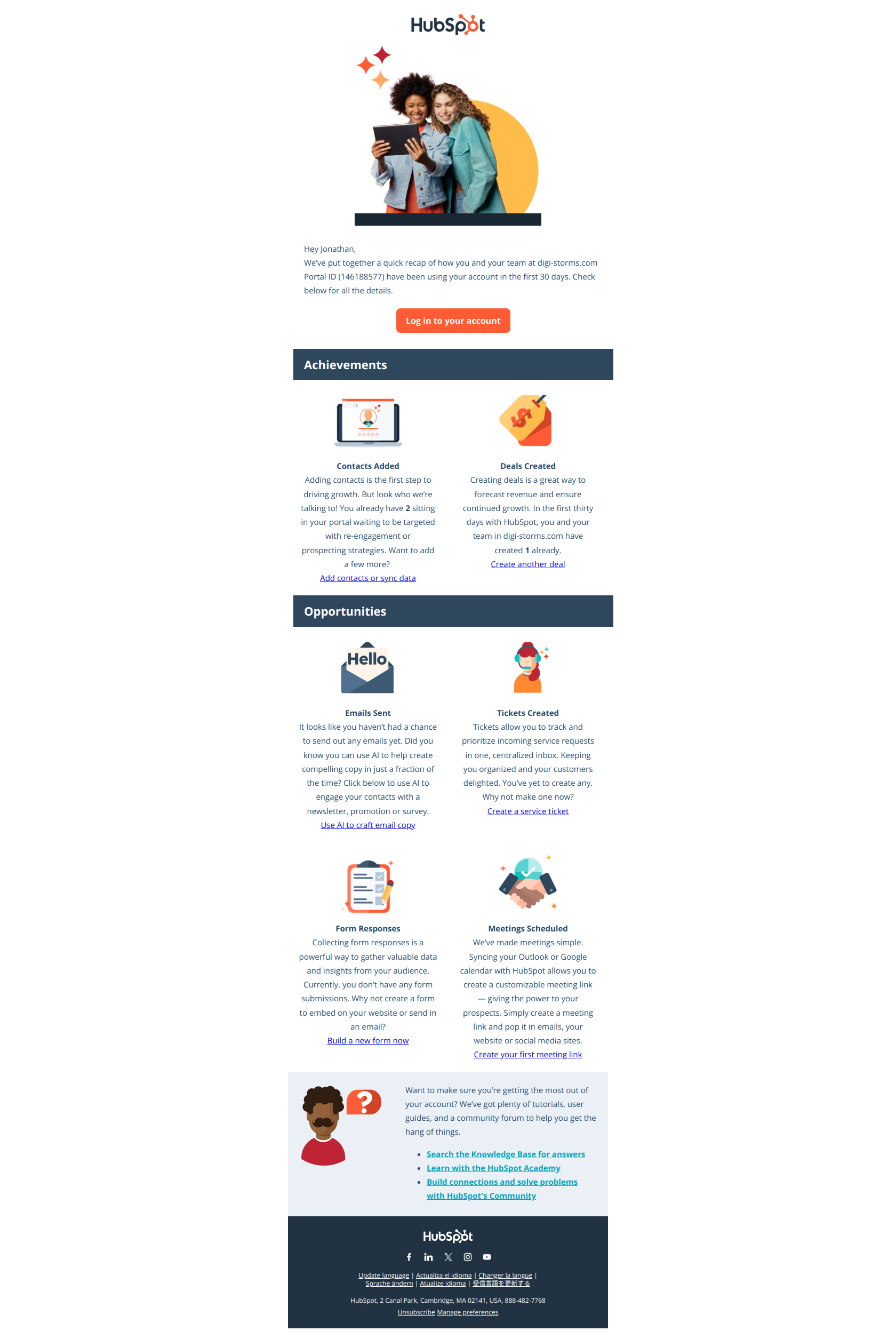Jonathan, your personalized first 30-day report is inside 👀 — email screenshot from Hubspot