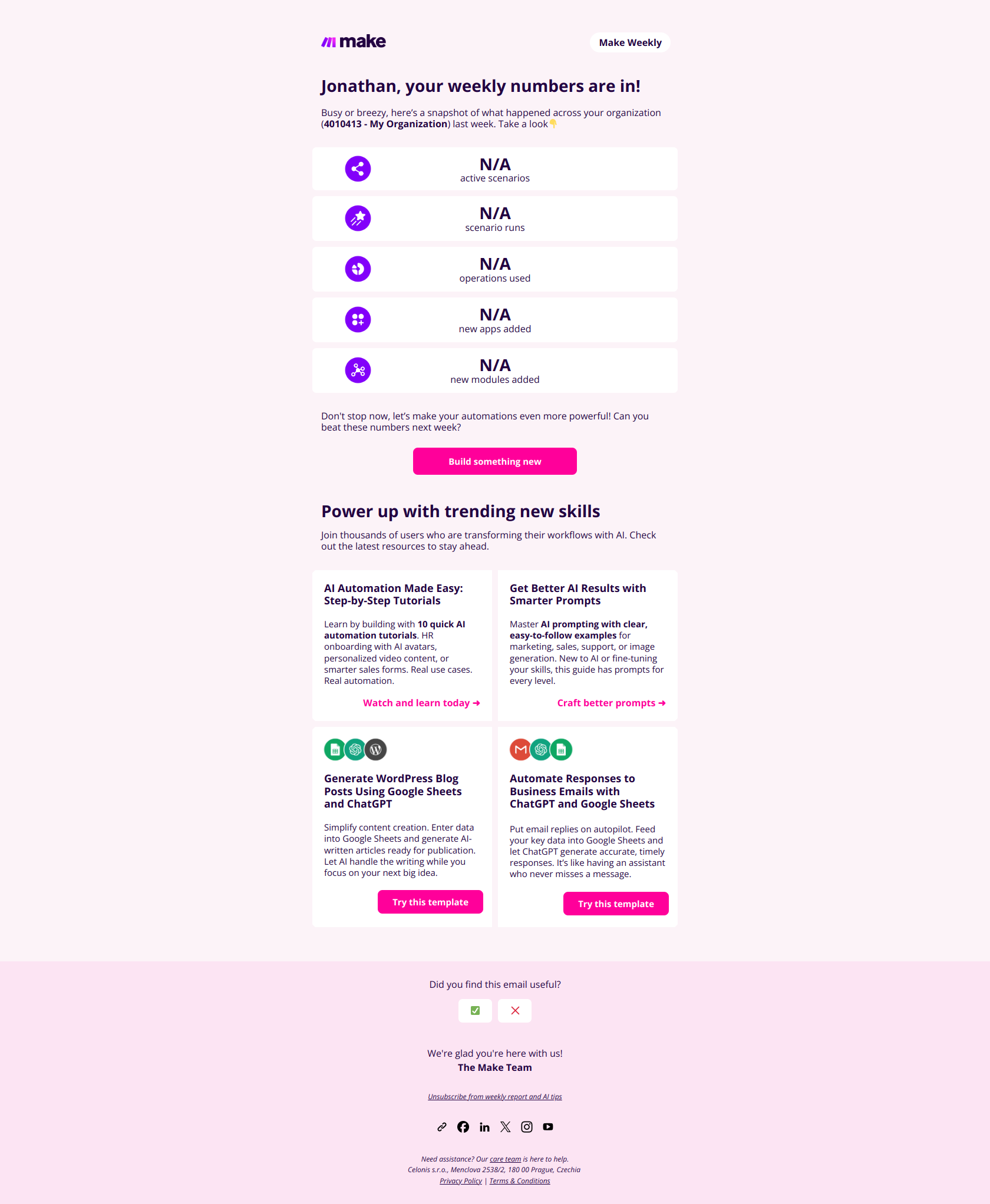 🏆 Your weekly report and new AI-powered tips to level up — email screenshot from Make