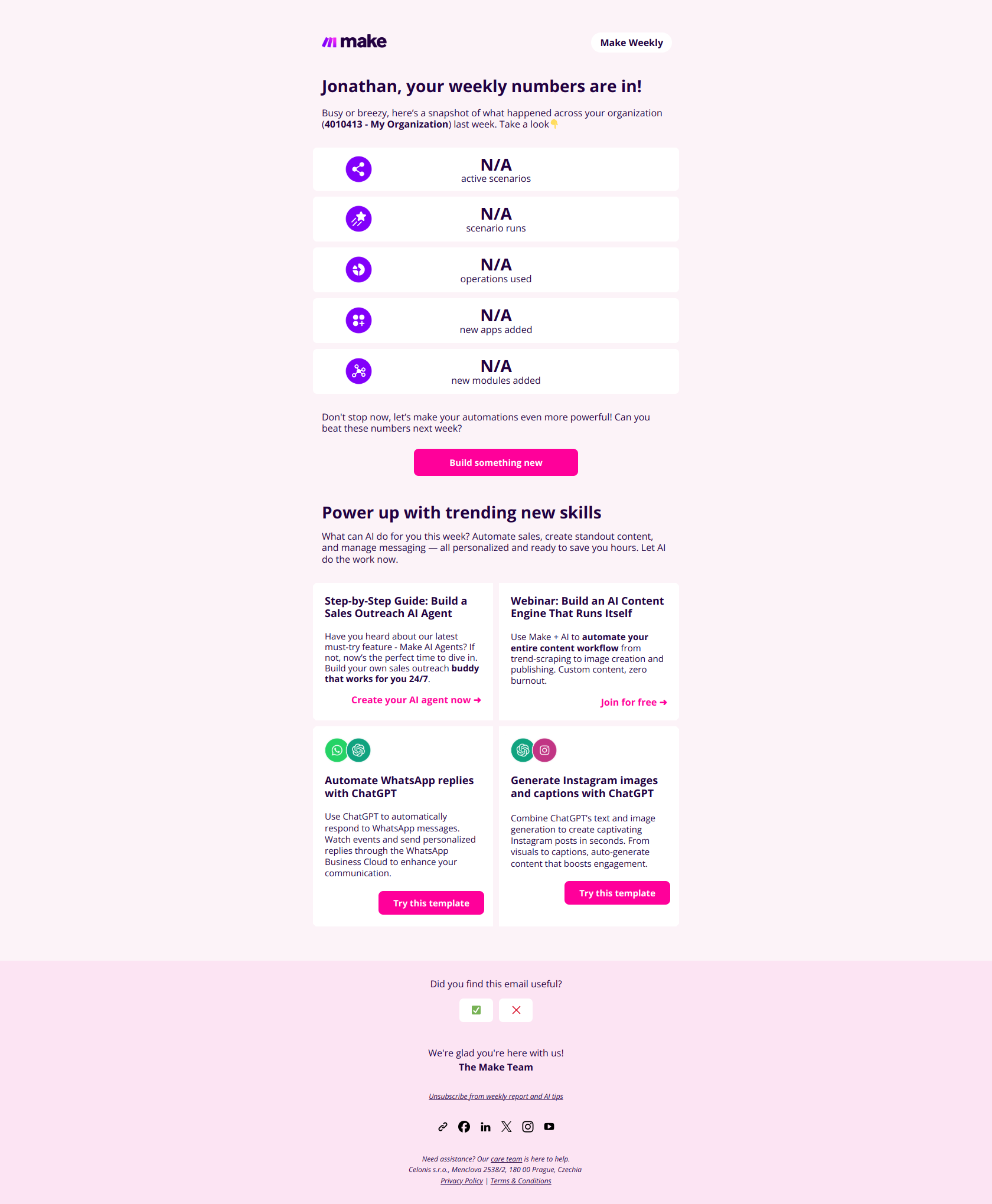 🏆 Your weekly report and new AI-powered tips to level up — email screenshot from Make