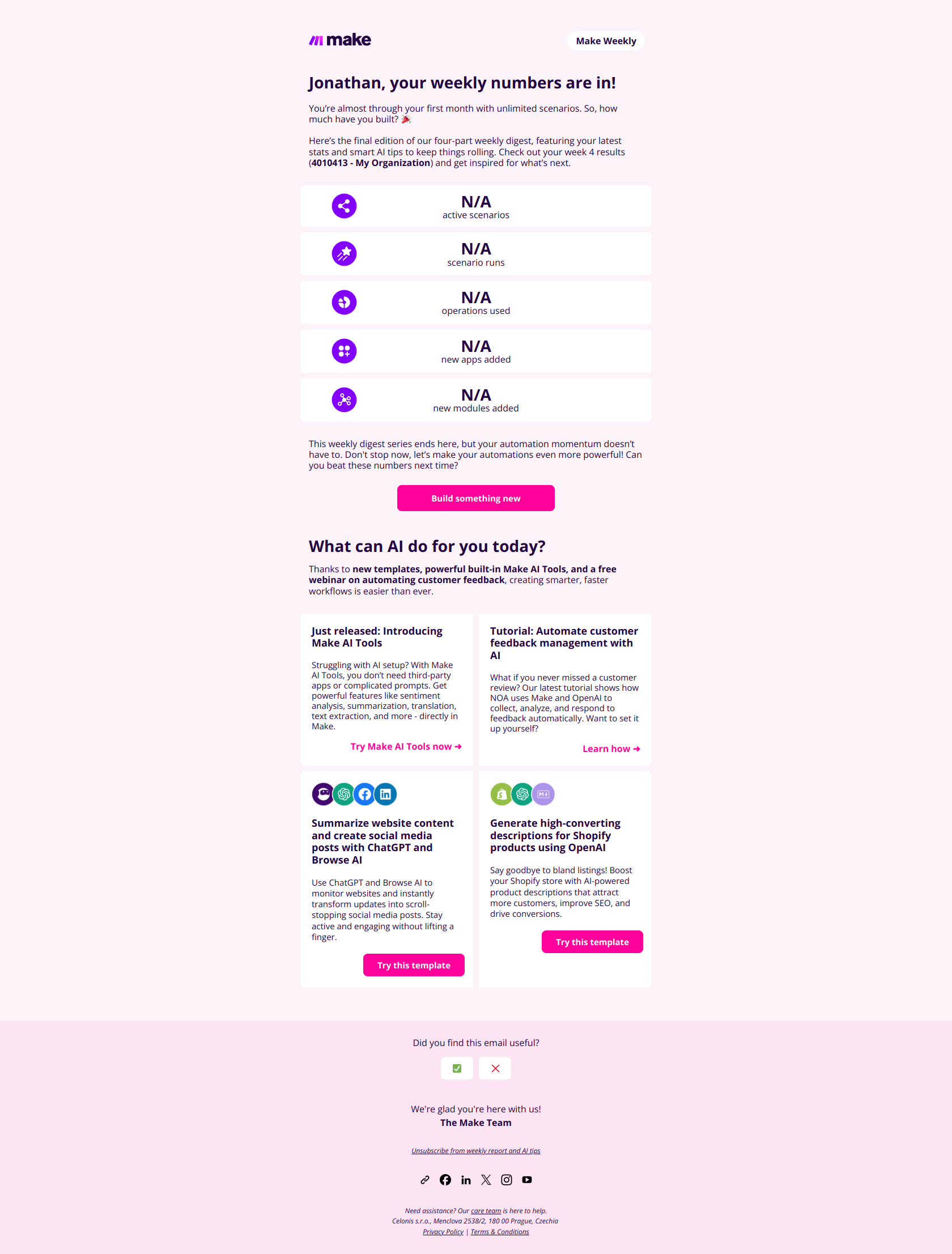🏆 Your final weekly report and new AI-powered tips to level up — email screenshot from Make