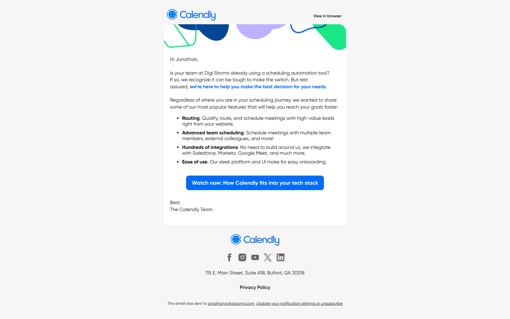 Re-engagement email example from Calendly