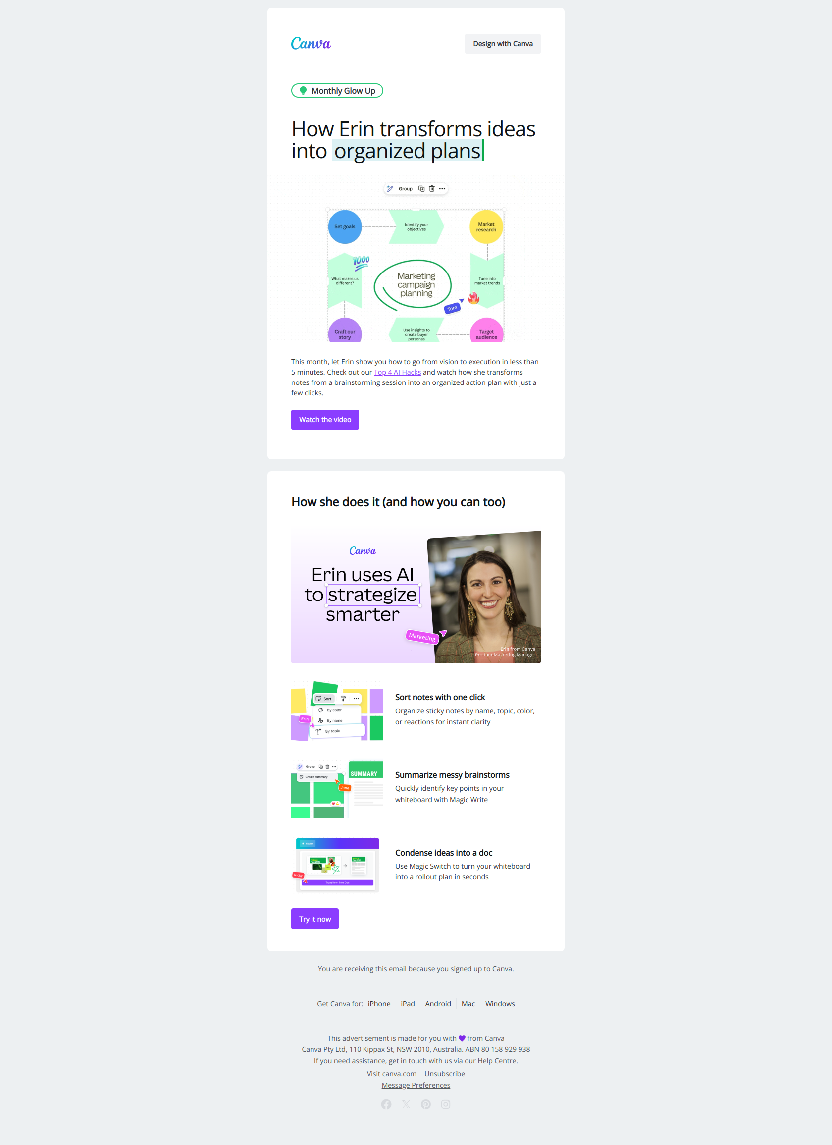 Monthly Glow Up: Organize your ideas in just 5 minutes — email screenshot from Canva