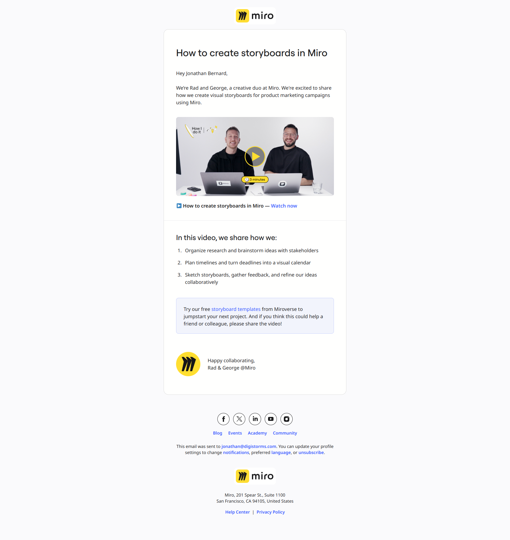 Hey Jonathan Bernard, see how we create storyboards in Miro — email screenshot from Miro