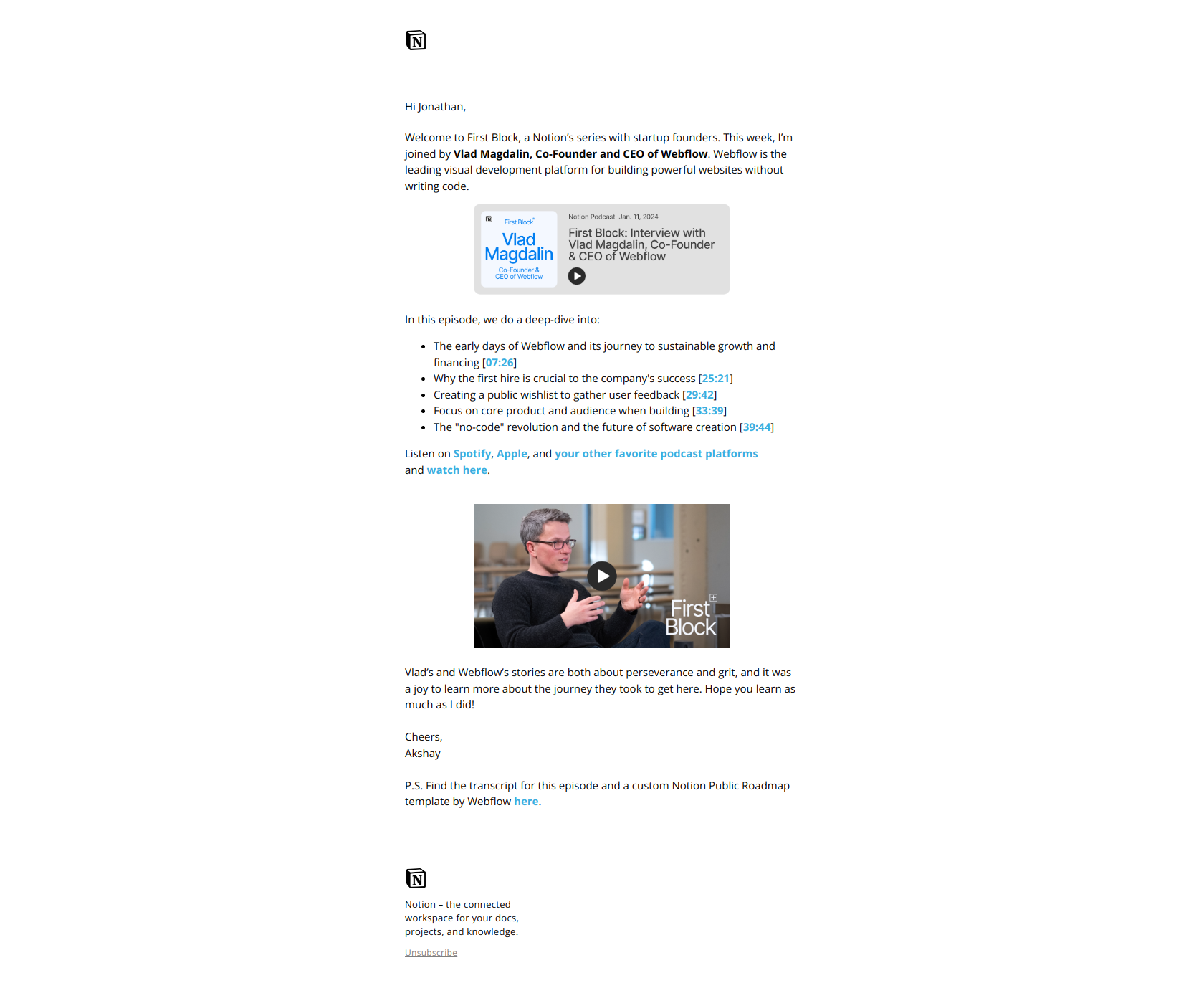 Why your company needs to nail its first hire — email screenshot from Notion