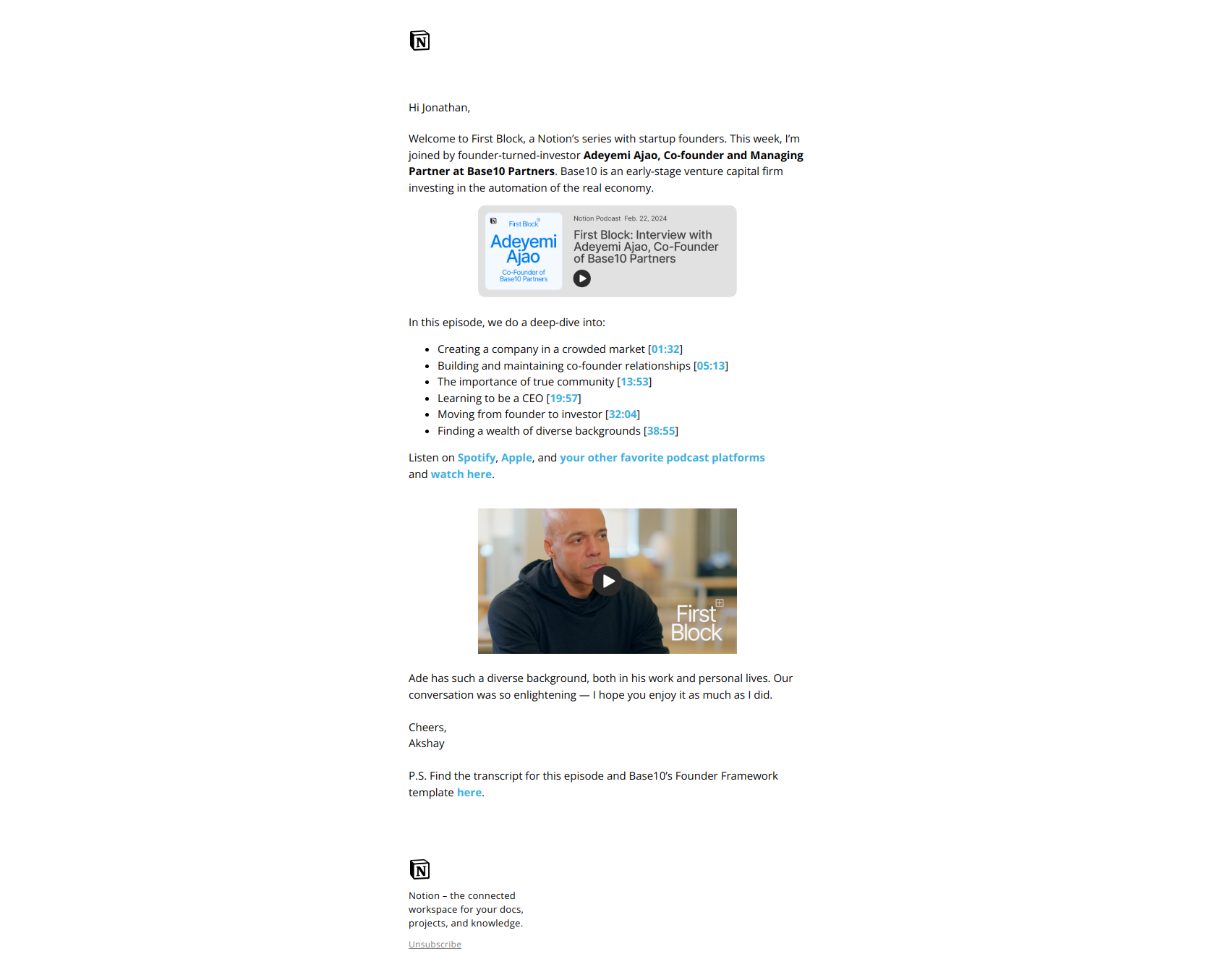 How a founder-turned-investor thinks about building community — email screenshot from Notion