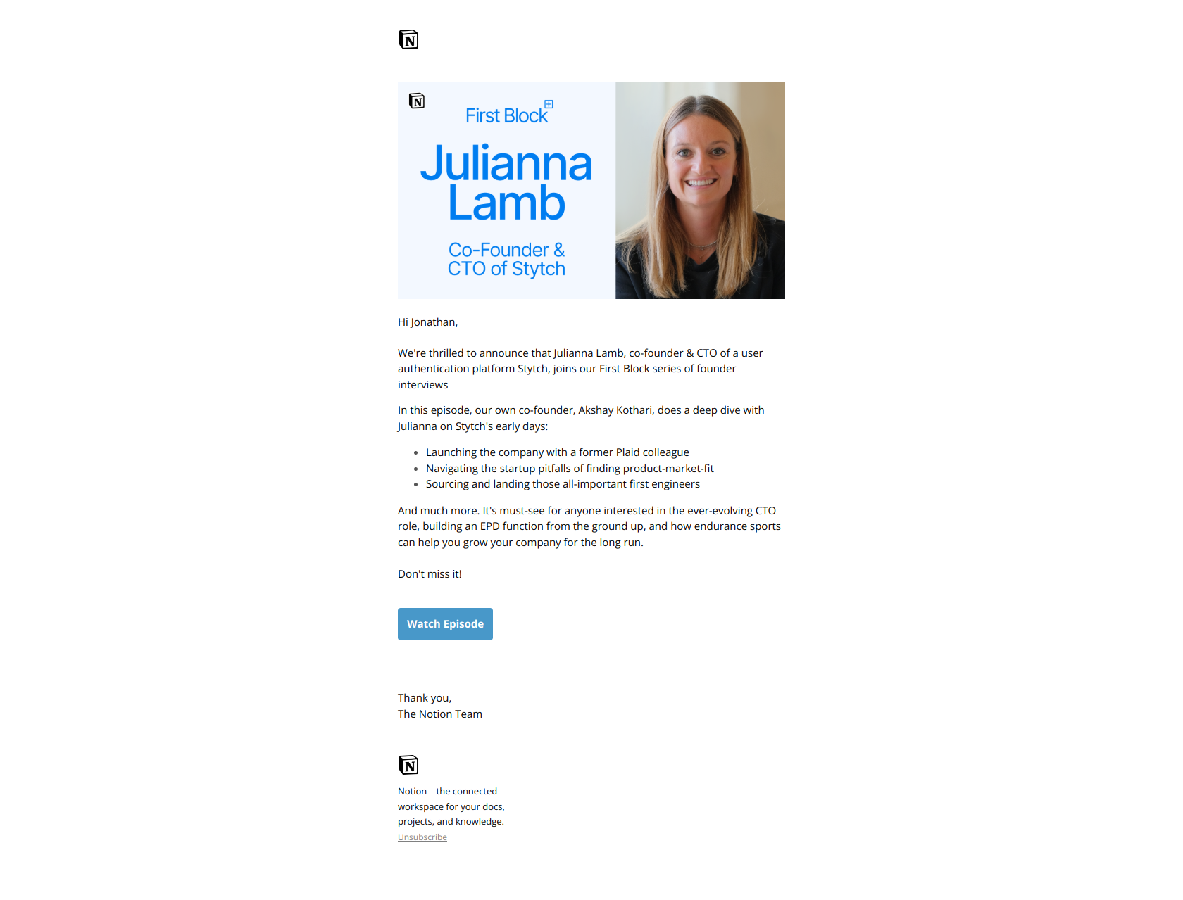B2B lead nurturing email example from Notion