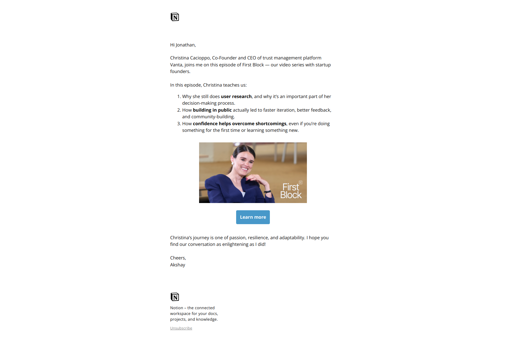 Three insights from Vanta CEO Christina Cacioppo — email screenshot from Notion