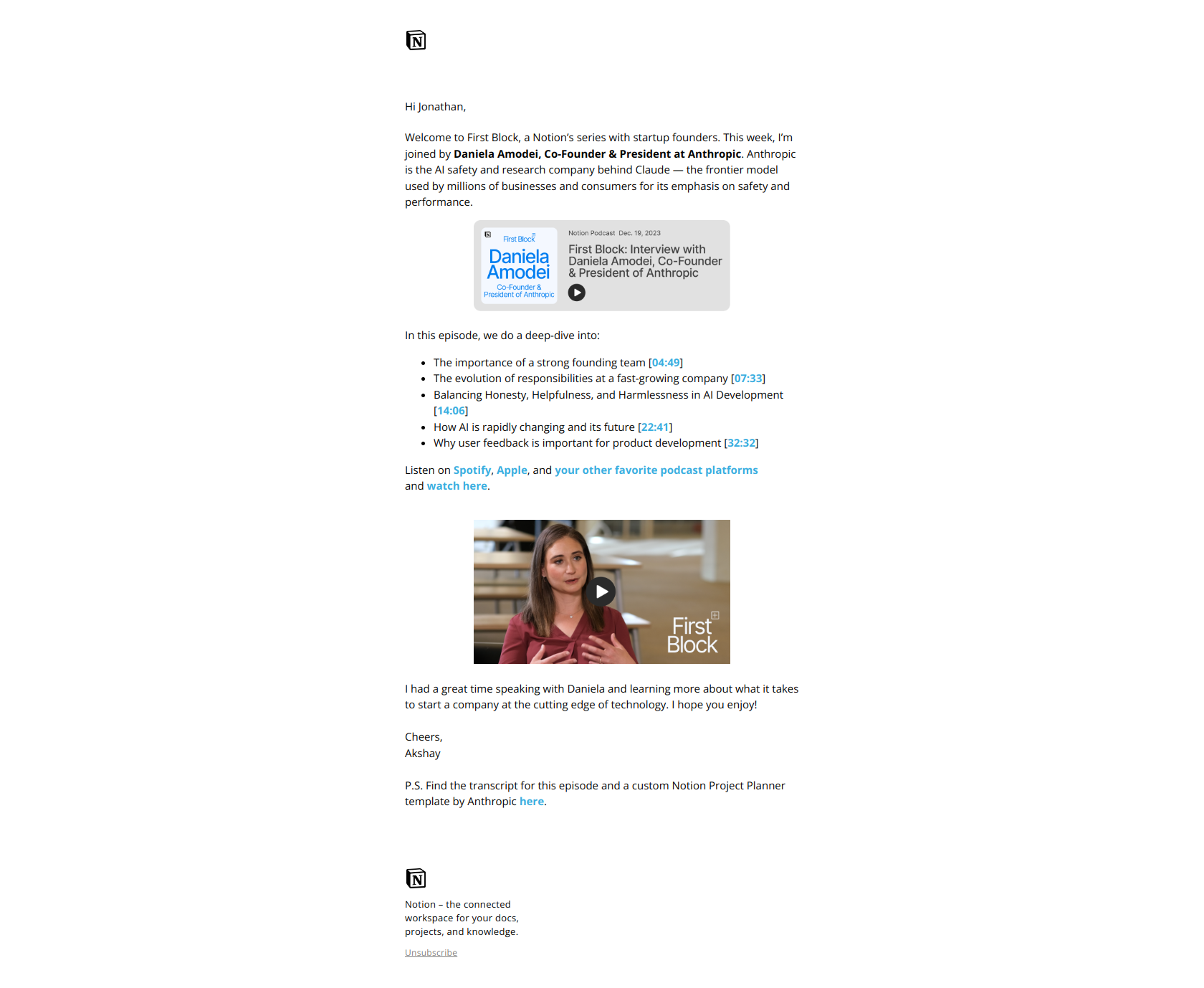 Turning user feedback into better product — email screenshot from Notion