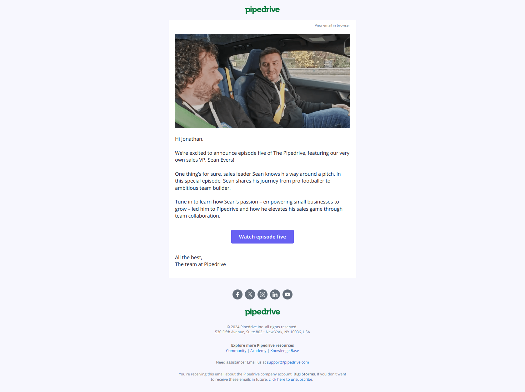 From sports pro to Pipedrive sales VP 🚗 — email screenshot from Pipedrive