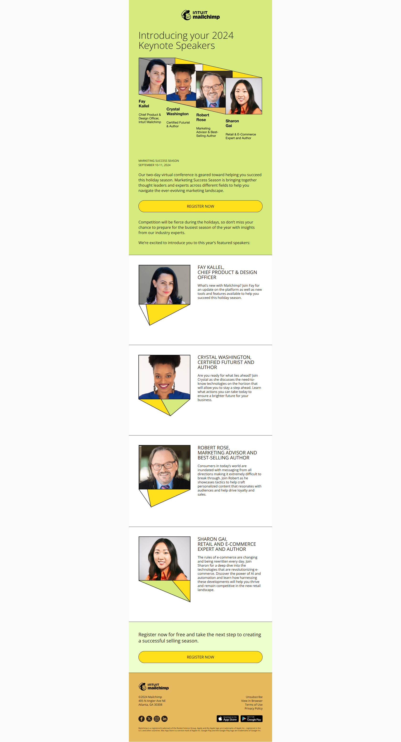 Get Inspired with the talented keynote speakers at Marketing Success Season 2024 — email screenshot from MailChimp