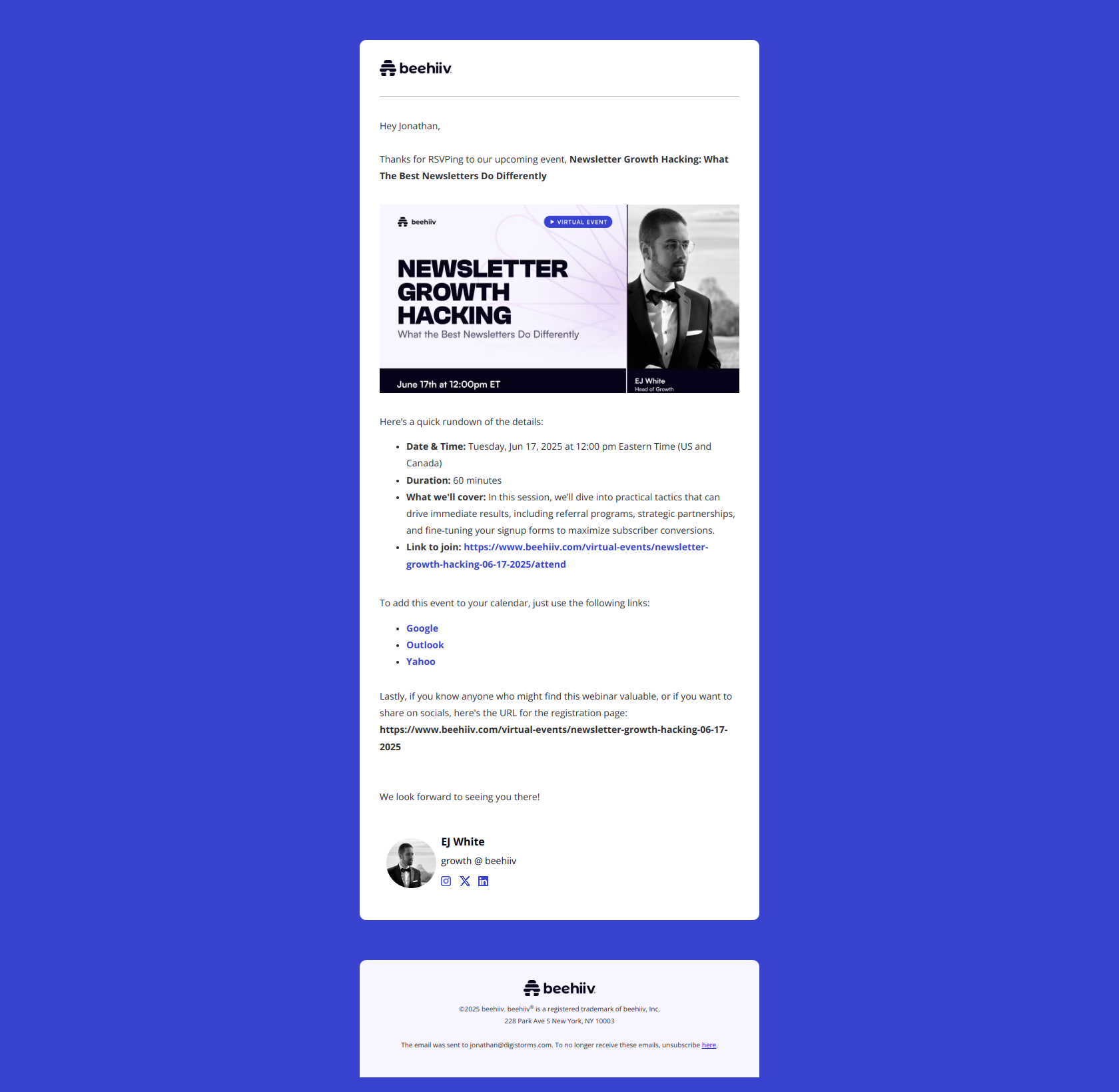 Webinar Confirmation | Newsletter Growth Hacking: What The Best Newsletters Do Differently — email screenshot from Beehiiv